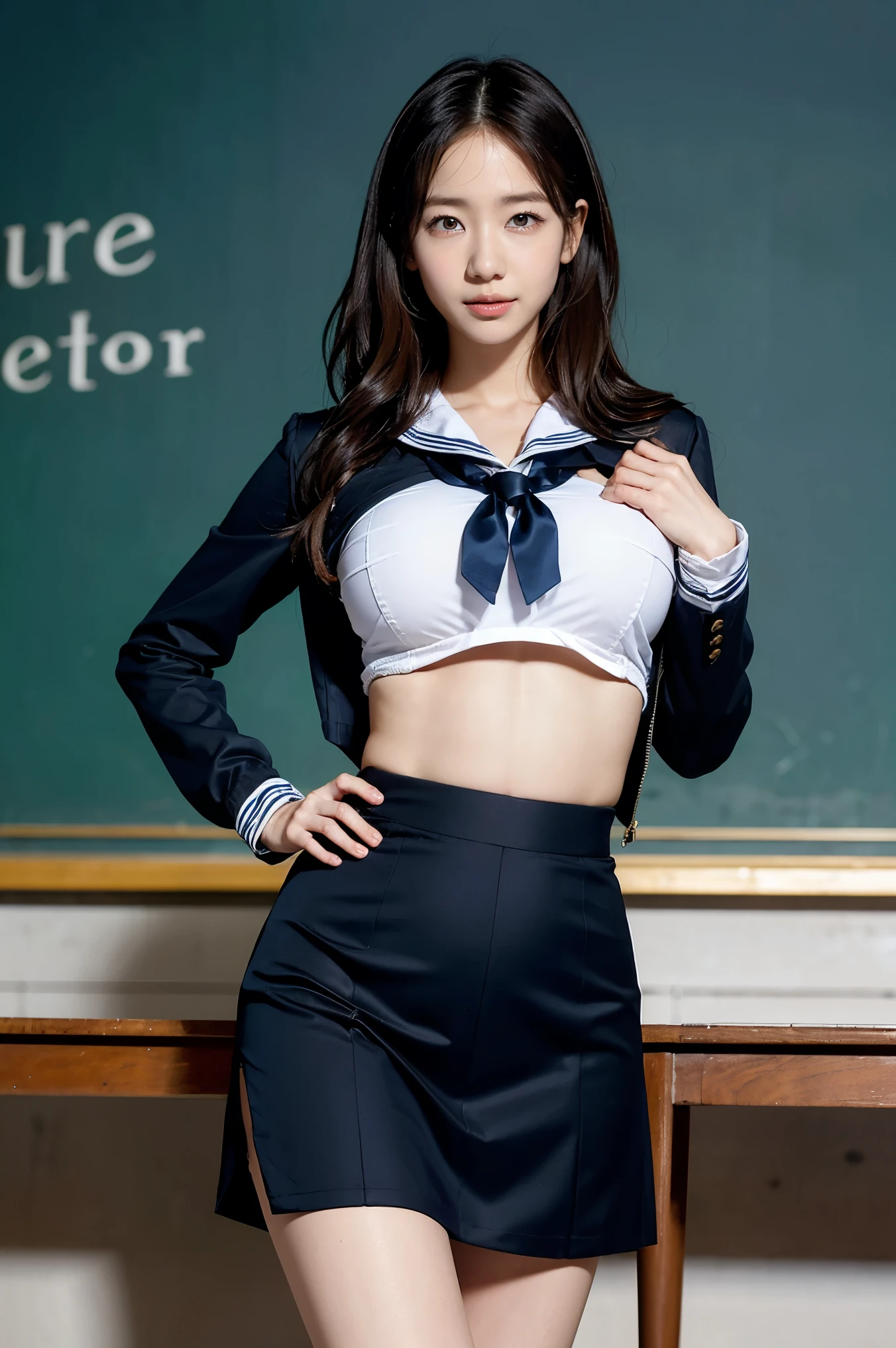 (Clothes accentuate the shape of the breasts:1.8),(pert boobs:1.4),(tight sailor,tight skirt,slim waist:1.4),(plump big breasts,emaciated:1.6),(tall stature,175cm tall,scrawy:1.4),leggy,Browsing Caution,Highest quality,Ultra-high resolution,1 person,whole body,Black hair, cool expression,Looking into the camera,Beautiful and elaborate face,Fine and beautiful skin,Skin Texture,high school student,uniform,Checked mini skirt,Classroom after school,Standing pose