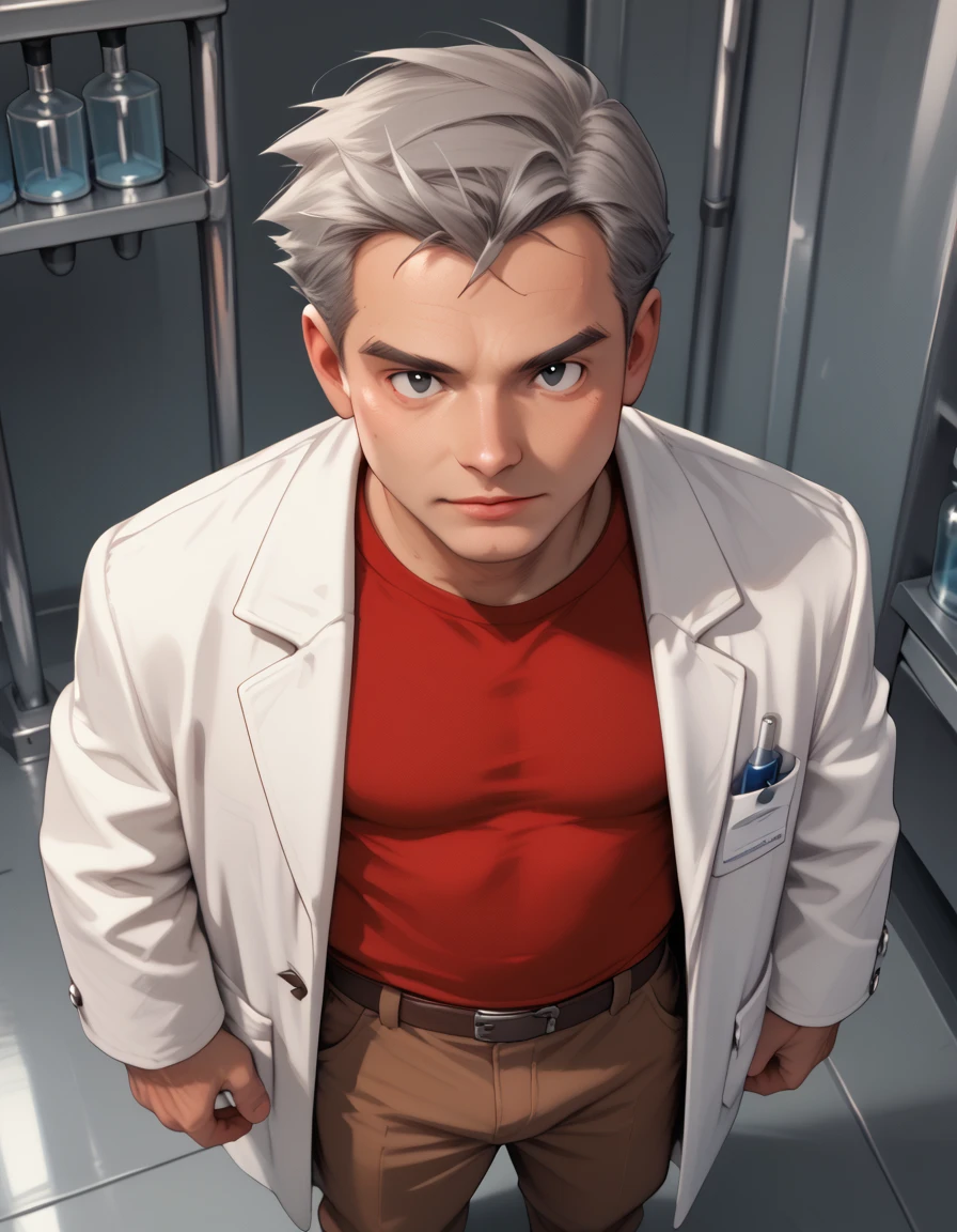 score_9, score_8_above, score_7_above, score_6_above, ProfessorSamuelOakP, 1 boy, Alone,  male focus ,  older man,  gray hair ,  black eyes,  black eyebrows ,  short hair, white coat,  brown pants ,  red shirt,  dynamic angle ,   in the laboratory  , zPDXL3