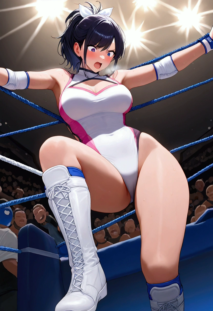 ((((masterpiece)))), (( unity 8k wallpaper,  photorealistic  , ((  detailed face  )),  Female Pro Wrestler with Floating Legs,Umezaki Haruka  ,Pain々Funny face, ponytail,ribbon, pure white leotard ,Elbow guard,  leg protector  ,  There are 3 ropes stretched on all sides of pro wrestling, torture using pro wrestling top rope,Crotch torture ,Punishment by my boyfriend, The background is a pro wrestling venue,The audience is crowded