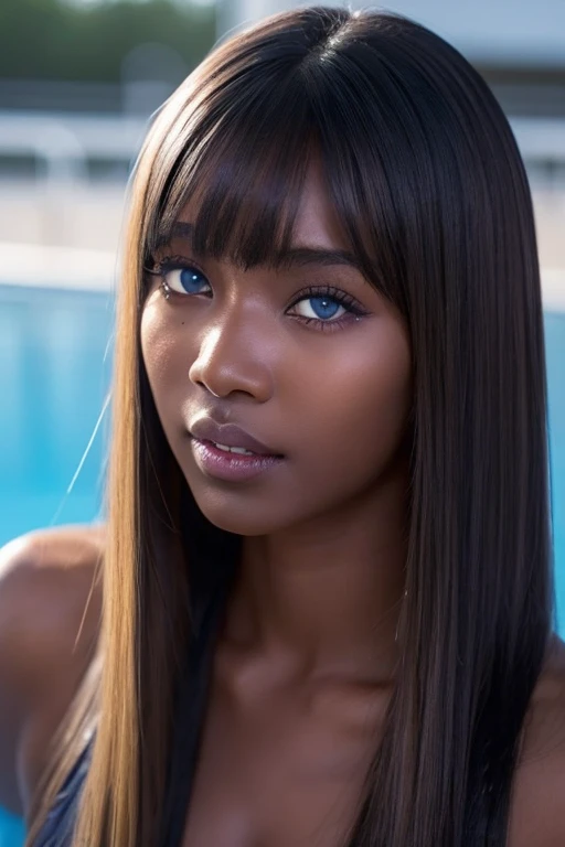 Brunette woman with dark skin and blue eyes, natural breasts and plunging neckline in a high-end suit