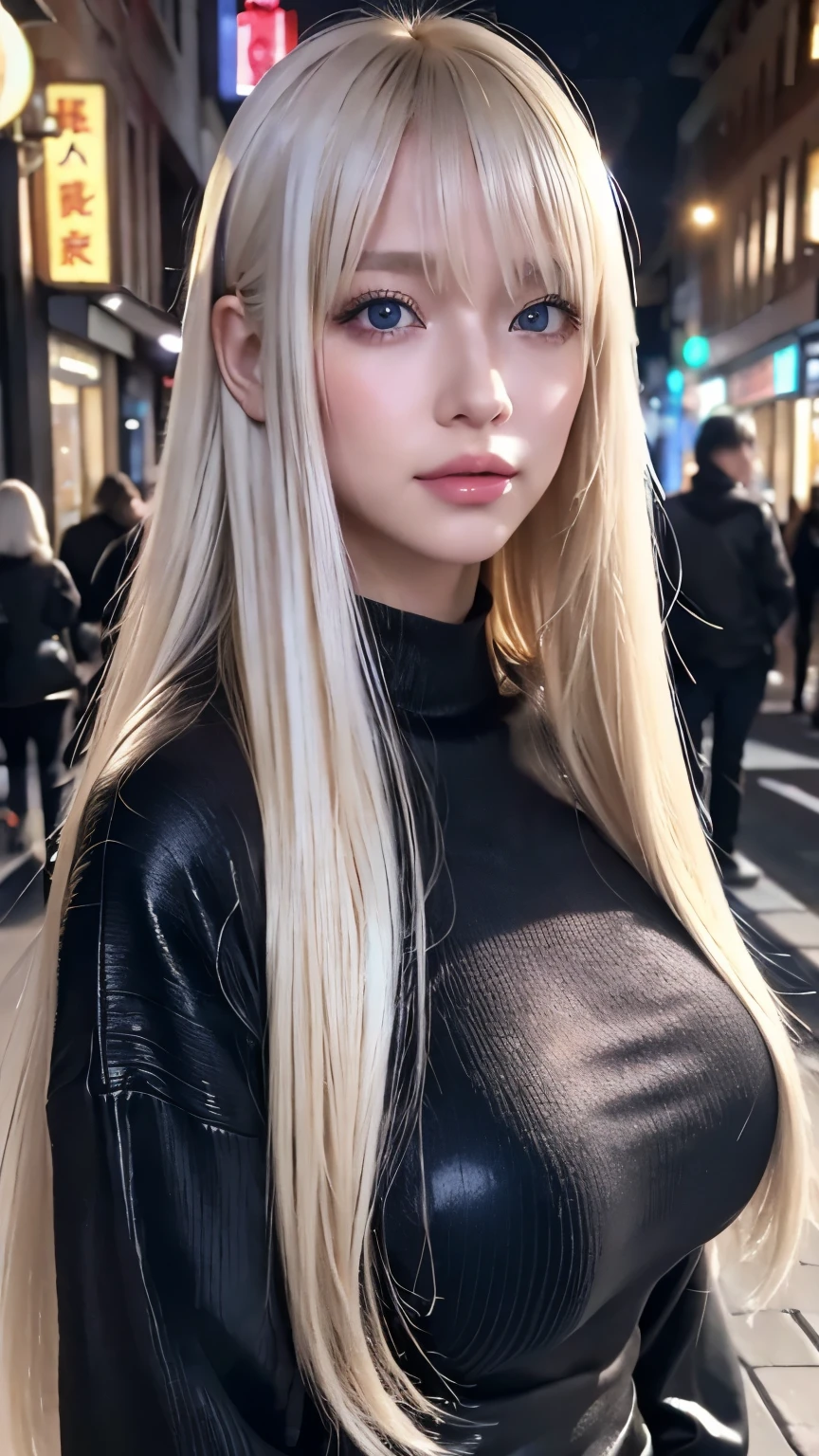 Platinum blonde silky hair、masterpiece、 top quality 、 high res、 high resの詳細写真、  PROFESSIONAL LIGHTING IN A TRENDY PARISIAN CAFE  、(((Tops)))、Bang between the eyes、Hair above the eyes、片Hair above the eyes、、 strike a pose、 portrait、Bright expression、Like々white, Sparkling肌、Looks great、Blonde reflection、 shiny highlights on platinum blonde hair、Bright and shiny hair,、 long straight hair 、Beautiful shiny bangs、Sparkling、 clear 、 charming big blue eyes 、 very beautiful,  cute girl 、Bust of a Rich Man、(Black tight knitwear), Night Streetscape