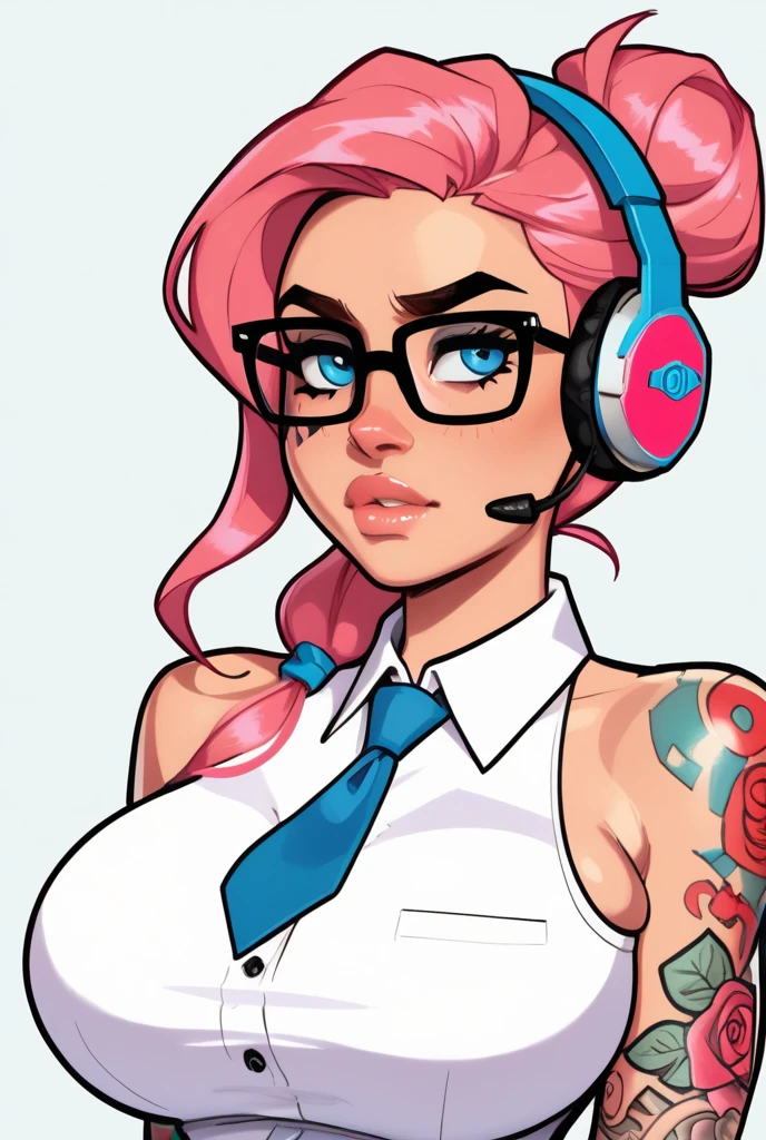 masterpiece, newest, 1girl, thick curvy body, glasses, pink hair, big breast, big huge butt, wide hips, portrait, tattoos, necktie, facial tattoo, blue eyes, pink hair bun, large breasts, sleeveless shirt, headphones, solo, very long hair, shoulder tattoo, sleeveless, bare shoulders, collared shirt, tattoo