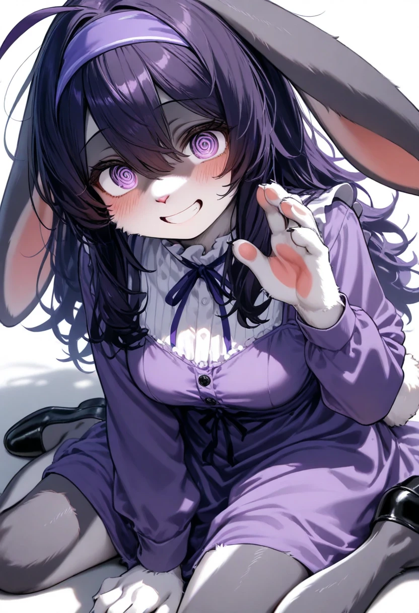 1girl, (furry, kemono:1.4), rabbit girl, animal nose, rabbit ears, rabbit tail, long hair, ahoge, messy hair, hair between eyes, blush, black hair, grin, purple eyes, purple hair, hairband, dress, long sleeves, shoes, purple dress, looking at viewer, sitting, wariza, solo, white background, simple background, purple hairband, smile, @_@, teeth, hand up, black footwear