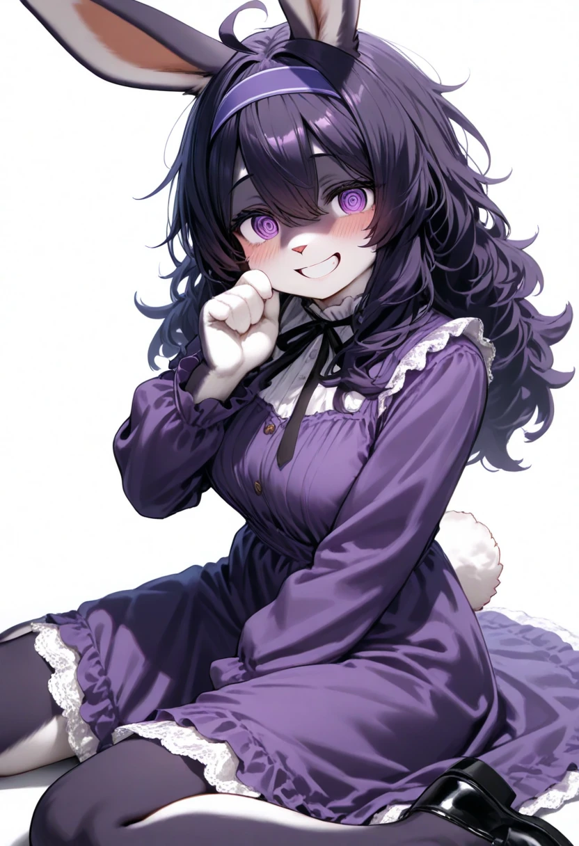 1girl, (furry, kemono:1.4), rabbit girl, animal nose, rabbit ears, rabbit tail, long hair, ahoge, messy hair, hair between eyes, blush, black hair, grin, purple eyes, purple hair, hairband, dress, long sleeves, shoes, purple dress, looking at viewer, sitting, wariza, solo, white background, simple background, purple hairband, smile, @_@, teeth, hand up, black footwear