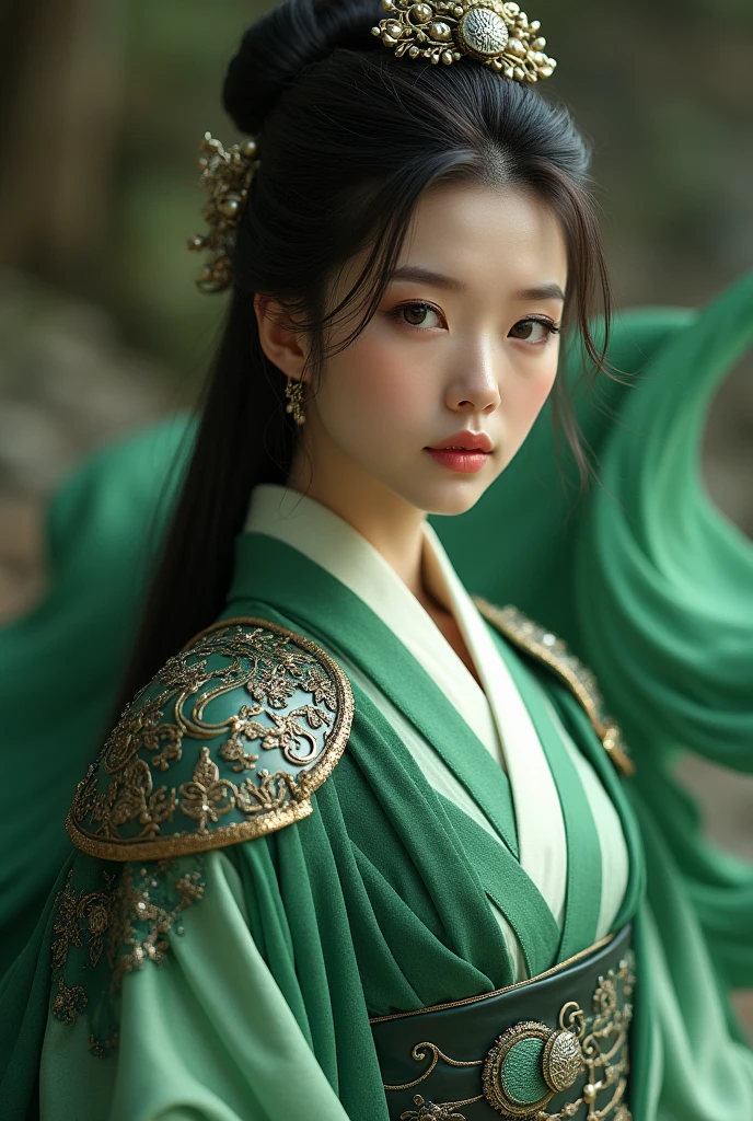 1 girl, Actress, Handsome, Ink splash, Chinese armor, (Upper Body), Black Hair, Flowing hair, Exquisite eyes, Black and green ancient silk Hanfu, Field of view, (F1.8), (masterpiece), (Portraits), front Photo, White background, (Movie Posters), arms