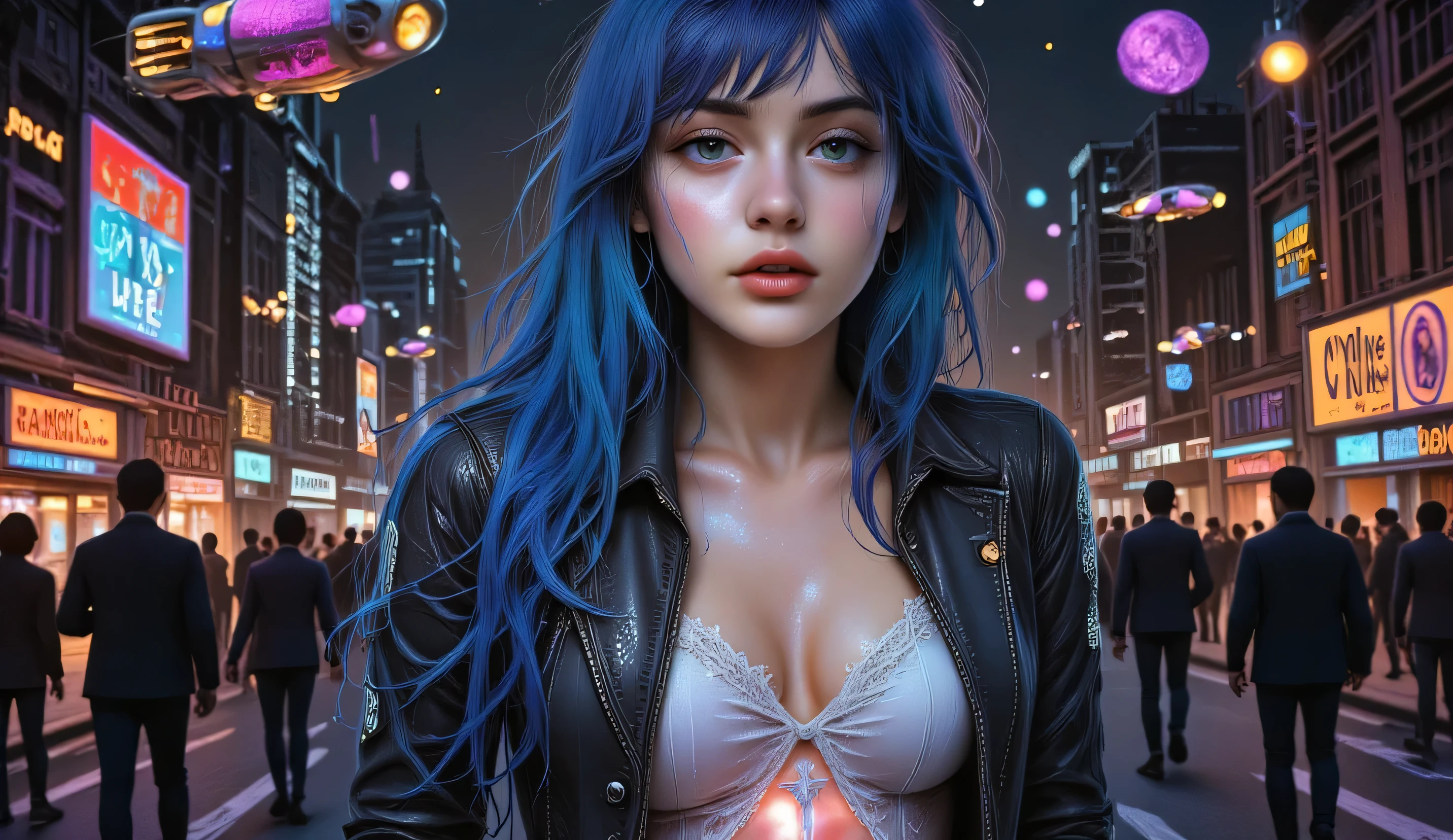 darkness,   neon lights, plano general:1.4,   Full body  ,   Anatomically correct  ,   hyperrealistic :1.5,   A beautiful cyberpunk girl  ,    detailed face with large and expressive eyes   ,   Intricate cyberpunk fashion with neon  ,   small nose,   full lips,   blue hair with neon pink reflections   ,   implantes cibernéticos futuristas e interfaces de realidad aumentada,    details on a dark dystopian city background with neon lights   , en un fondo de ciudad distópica oscura con   neon lights,   skyscraper, and flying vehicles  , 8K, photorealistic  ,   cinematic lighting  , hyper detailed, arte digital