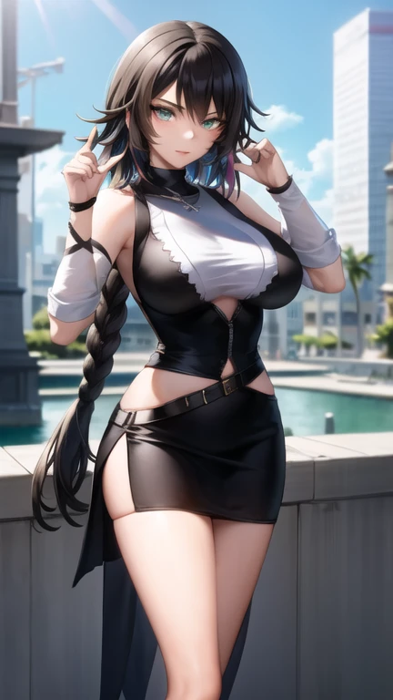 best quality,masterpiece,8k wallpaper,absurdres, highres, ultra detailed, (1 young beautiful girl, solo:1.1), yuna (ff10),heterochromia, green eyes,  black hair, , blue eyes, jewelry, ring,drcityscape, skyscraper,east_asian_architecture, street,BREAK, dress like Blake from Rwby, Cosplaying like Blake from Rwby, Huge breasts, cat ears