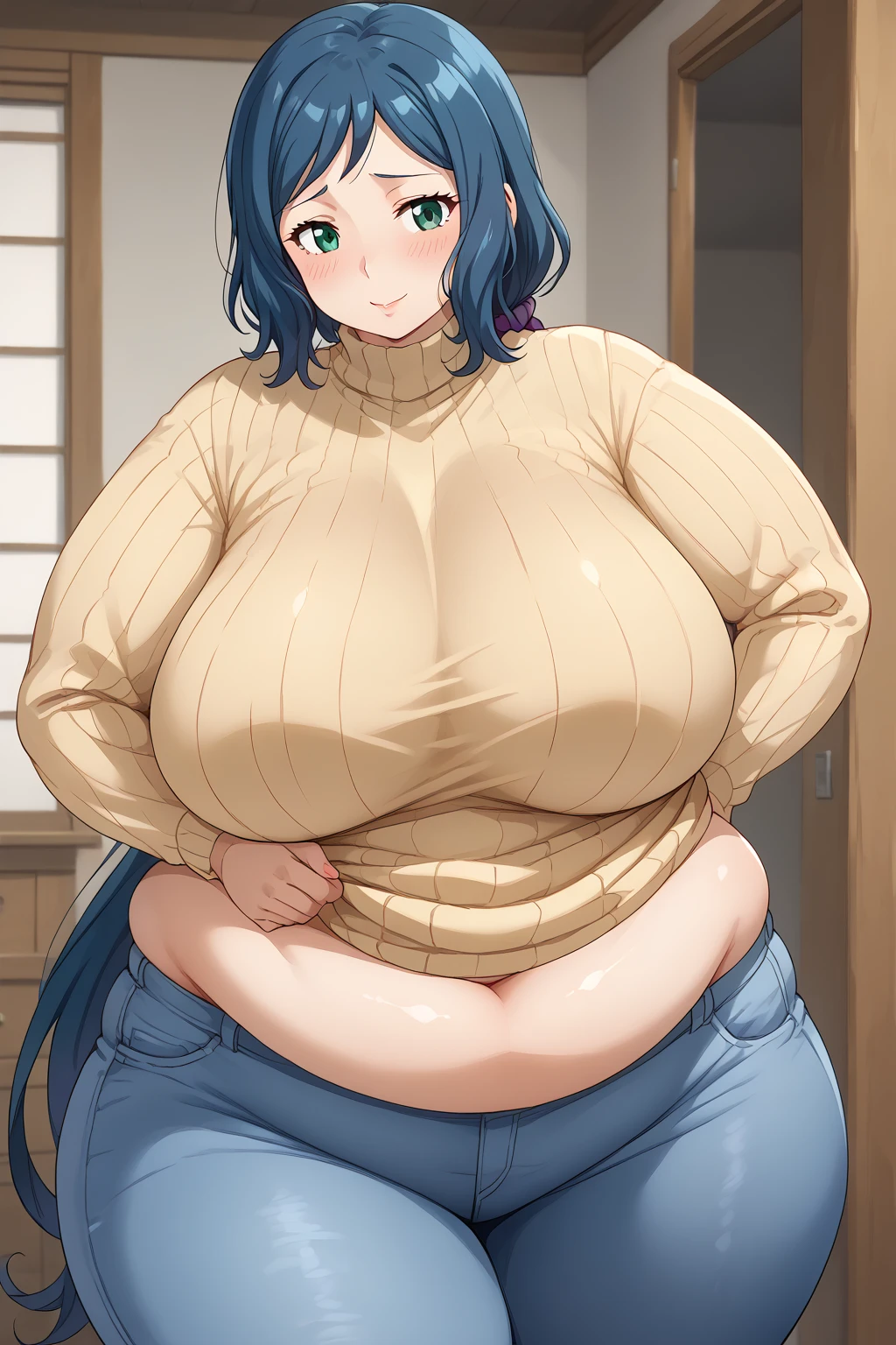  Iori Rinko, Rinko Iori, long hair,紺色の髪, low ponytail, Purple scrunchie,  green eyes,bright yellow sweater, Navy blue jeans ,Obese middle-aged woman, troubled expression, embarrassing expression ,milf, chubby,(living), score_9,  score_8_ up、 score_7_ up、 score_6_ up、 score_5_ up、 score_4_ up、 masterpieces at the front door of the house、 top quality , A beautiful woman with an obese figure,  absurd、 Source_ anime anime screencap,  one woman、Alone、 personal  、Super huge breasts,  super huge clevis、Super huge, Super huge boob,Curvy、 wide hips、