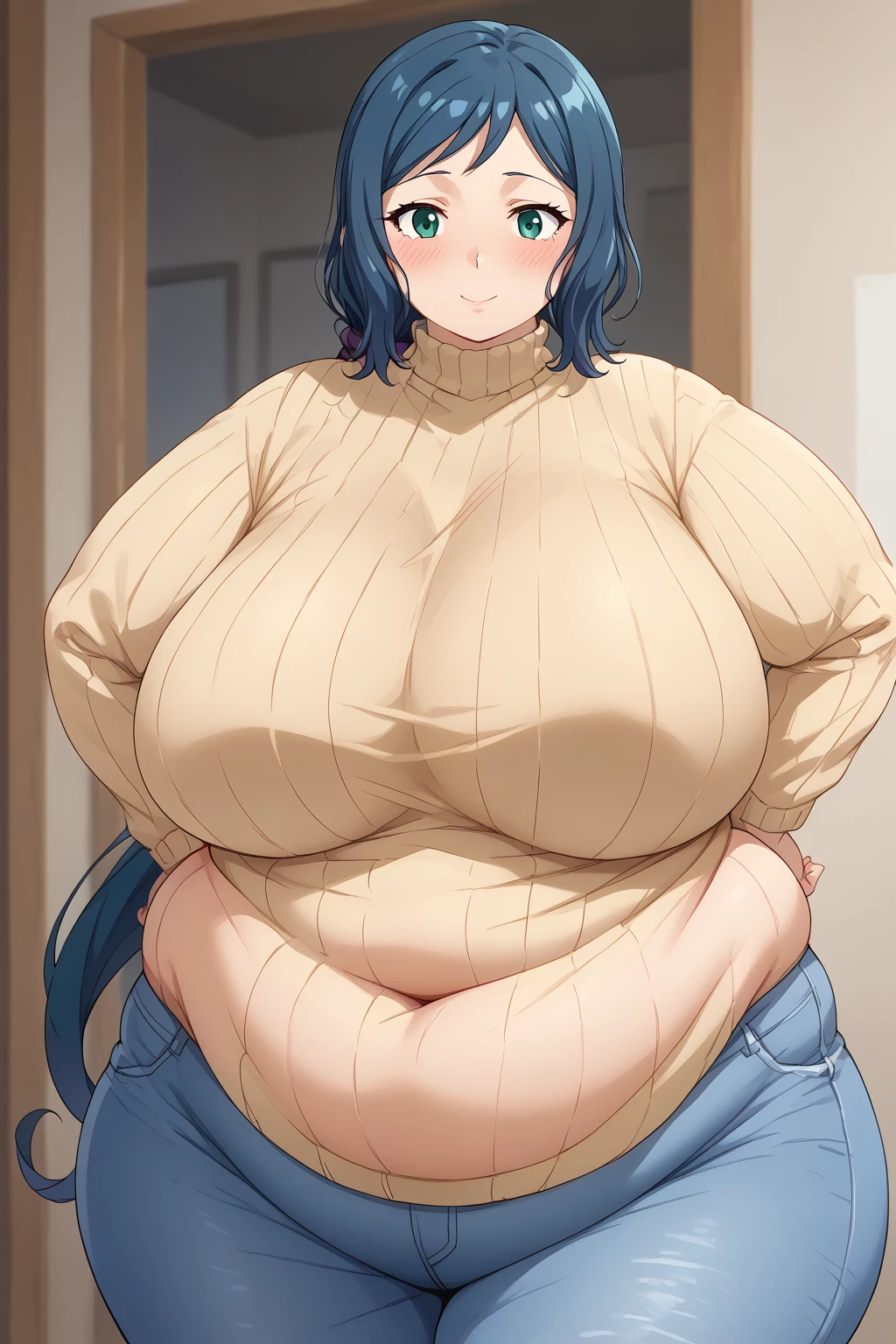  Iori Rinko, Rinko Iori, long hair,紺色の髪, low ponytail, Purple scrunchie,  green eyes,bright yellow sweater, Navy blue jeans ,Obese middle-aged woman, troubled expression, embarrassing expression ,milf, chubby,(living), score_9,  score_8_ up、 score_7_ up、 score_6_ up、 score_5_ up、 score_4_ up、 masterpieces at the front door of the house、 top quality , A beautiful woman with an obese figure,  absurd、 Source_ anime anime screencap,  one woman、Alone、 personal  、Super huge breasts,  super huge clevis、Super huge, Super huge boob,Curvy、 wide hips、