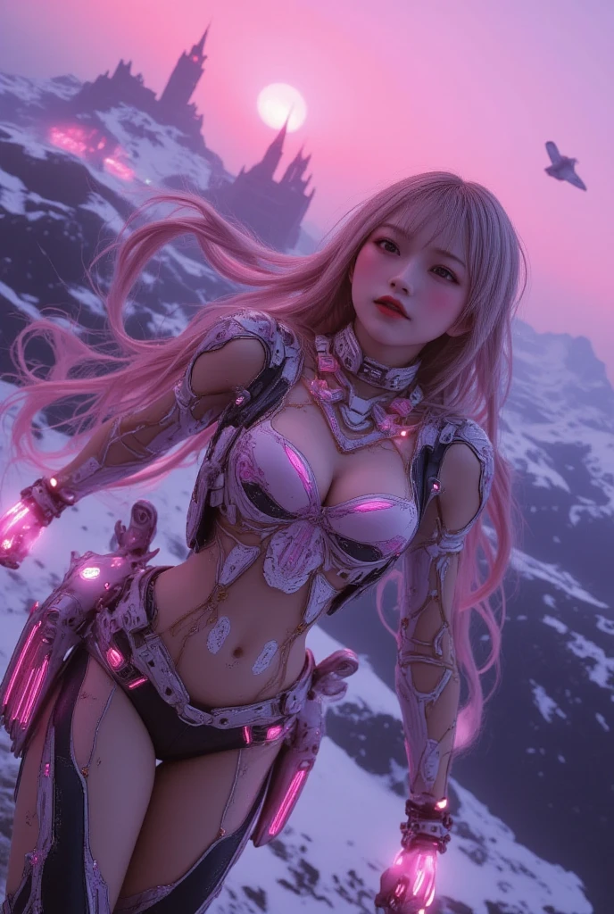 ultra-realistic, photorealistic, dramatic scene, shadow, global-illumination, solo, perfect anatomy, perfect fingers, (teenage Japanese famous idol girl but cyborg), very beautiful with very cute face, detailed face skin texture, (modern maid but futuristic cyborg), intricated complex cyber punk mechanical neon cyber cyborg body, wearing a beautiful lace, (her cyborg body is fully covered with extremely detailed futuristic mechanical armored suits), absolutely complex futuristic cyborg body, neon markers are integrated in her body, head gear, (very large breasts), slim waist, She is flying in the air in front of the old European castle, she is flying in the sky using mini rocket thruster on her back, dramatic beautiful new year's sunrise from the snow mountain, purple with pink, dynamic angle, dynamic flying pose, amazing view of castle with lake from the sky,