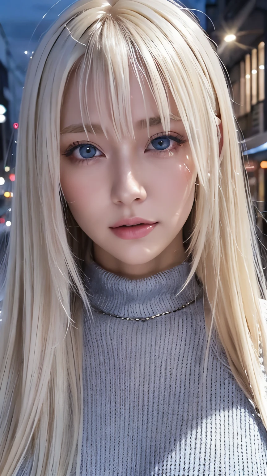 Platinum blonde silky hair、masterpiece、 top quality 、 high res、 high resの詳細写真、 PROFESSIONAL LIGHTING IN A TRENDY PARISIAN CAFE 、(((Tops)))、Bang between the eyes、Hair above the eyes、片Hair above the eyes、、 strike a pose、 portrait、Bright expression、Like々white, Sparkling肌、Looks great、Blonde reflection、 shiny highlights on platinum blonde hair、Bright and shiny hair,、 long straight hair 、Beautiful shiny bangs、Sparkling、 clear 、 charming big blue eyes 、 very beautiful, cute girl 、Bust of a Rich Man、(Black tight knitwear), Night Streetscape