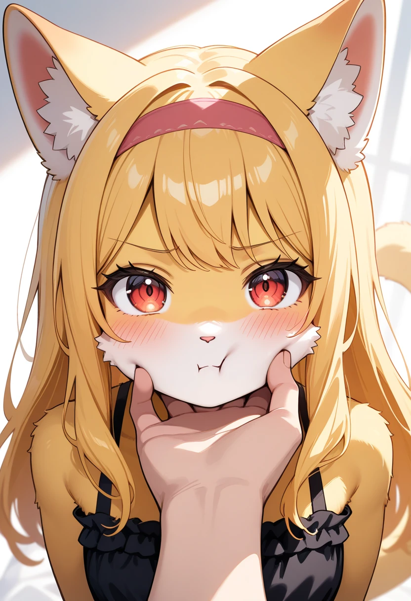 1girl, (furry, kemono:1.5), cat girl, animal nose, cat ears, cat tail, 1other, blonde hair, long hair, red eyes, blush, pout, hand on another's face, bare shoulders, cheek squash, hand on another's chin, hairband, black dress, dress, sleeveless, sleeveless dress, looking at viewer, pov, solo focus, upper body, pov hands, red hairband, pink hairband