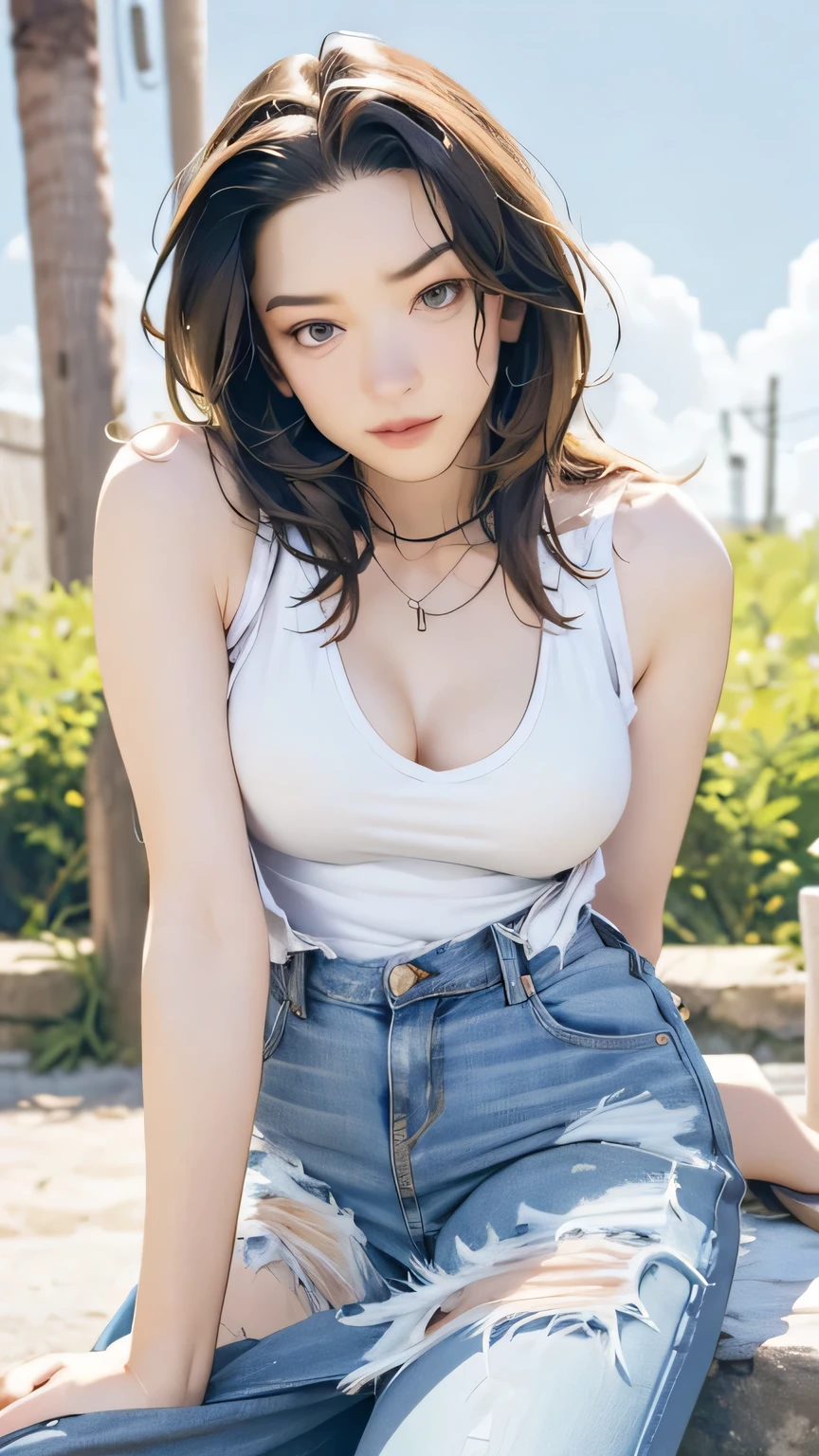 ((Highest quality, 8K, masterpiece :1.3)), (Sharp focus :1.2, Beautiful woman with perfect figure :1.4, Slim Abs :1.2), ((Big Breasts, Emphasize cleavage:1.3)), (Photorealistic:1.4), (realistic:1.4), (Short Bob Hair, Light brown hair:1.5), Highly detailed face and skin texture, Fine grain, double eyelid. Makeup face, A little bit of lipstick, necklace, Earrings, sex appeal, Sexy gravure pose, ((A Japanese gravure idol wearing a white chiffon top and tiny denim shorts、Bending forward boldly in the park to highlight her breasts。The background is lush grassland。Shiny silver bracelet。:1.3)