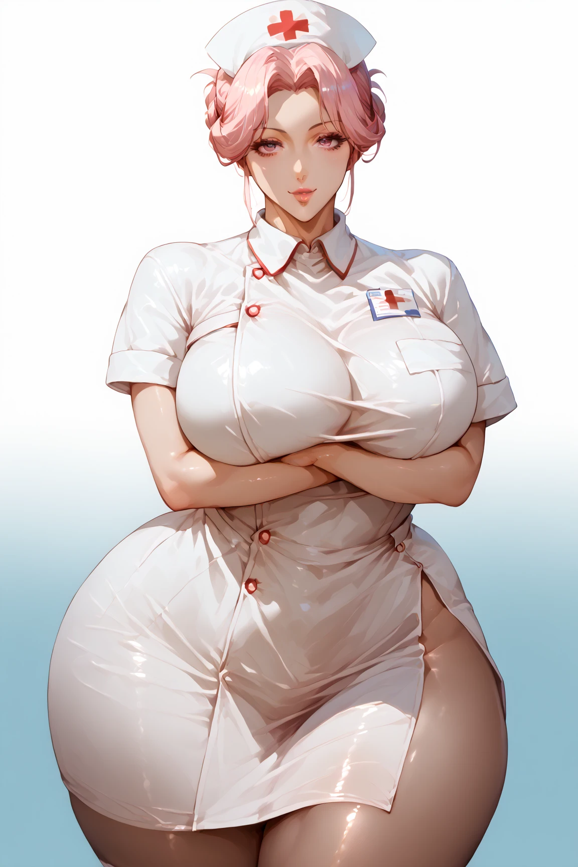 nurse，Big Breasts， Super Wide Hips，Beautiful face， Silky Skin ，small nurse outfit ，少しパンティが見える，