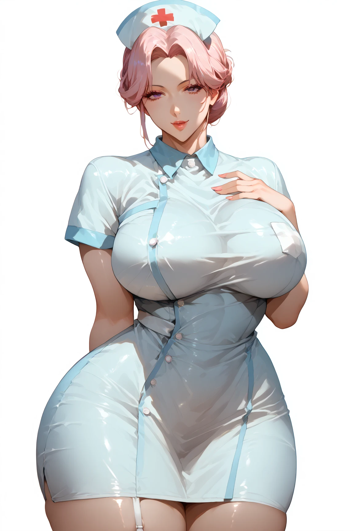 nurse，Big Breasts， Super Wide Hips，Beautiful face， Silky Skin ，small nurse outfit ，少しパンティが見える，