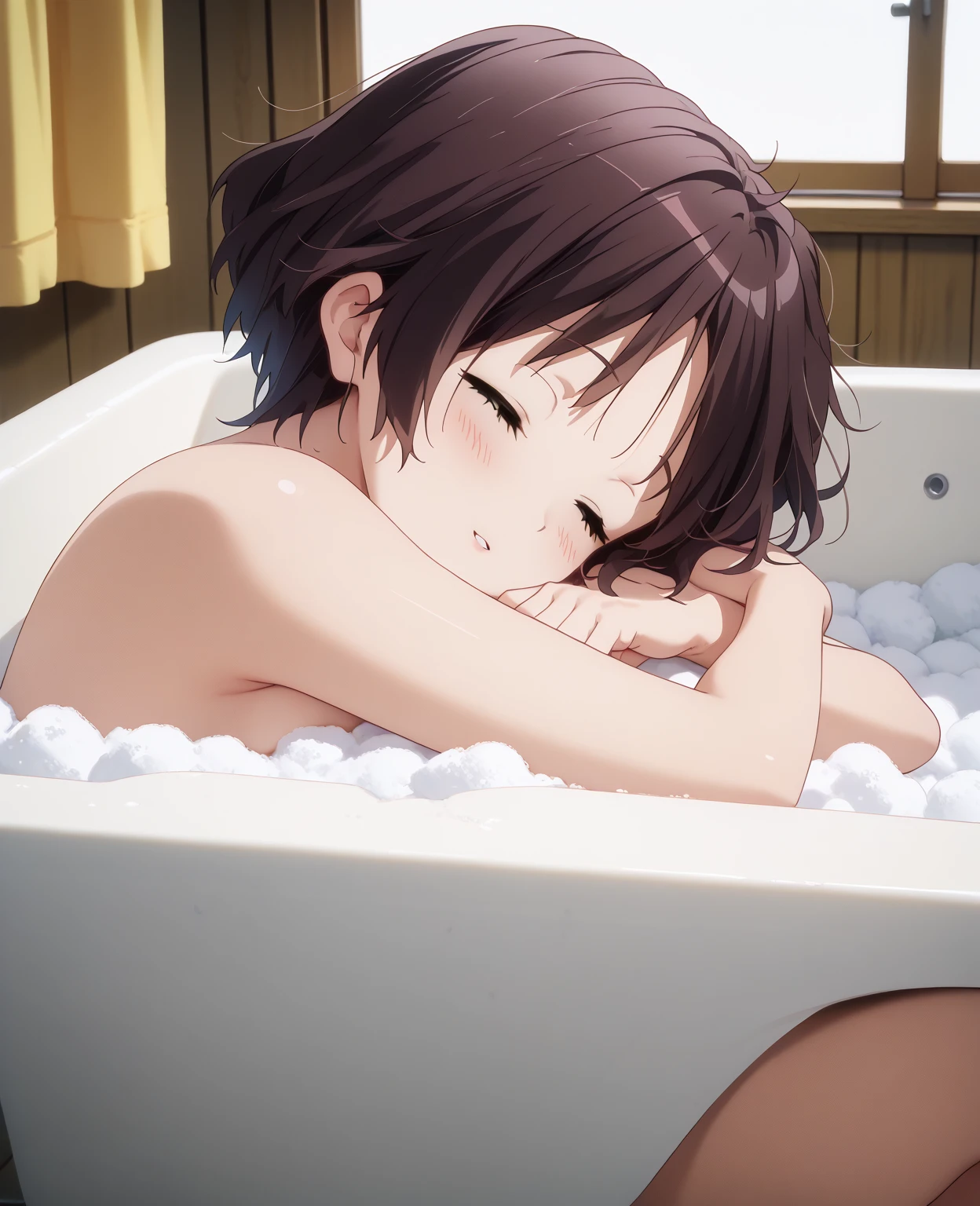 intricate details, Anime Style masterpiece, amazing quality, very aesthetic ,vector art, 1girl, solo, (nude,) upper body, from below,kumin tsuyuri, short hair, brown hair, naked foam, small breasts, pubic hair, sleeping, fetal position, lying on side, own hands together, head on arms on bathtub top, bent side, profile, foam on Entire body,  (closed eyes, light smile, blush, parted lips,), looking back at viewer, take a bath, soak up to shoulder, bath room, 