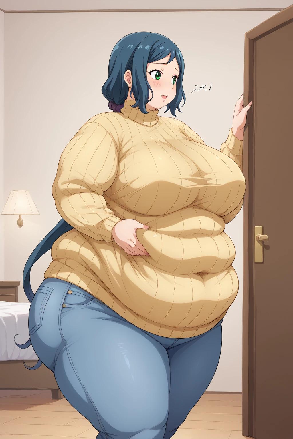  Iori Rinko, Rinko Iori, long hair,紺色の髪, low ponytail, Purple scrunchie,  green eyes, yellow sweater, Navy blue jeans ,Obese middle-aged woman, troubled expression, embarrassing expression ,milf, chubby,(bedroom), score_9,  score_8_ up、 score_7_ up、 score_6_ up、 score_5_ up、 score_4_ up、 masterpieces at the front door of the house、 top quality , A beautiful woman with an obese figure,  absurd、 Source_ anime anime screencap,  one woman、Alone、 personal  、Super huge breasts,  super huge clevis、Super huge, Super huge boob,Curvy、 wide hips、