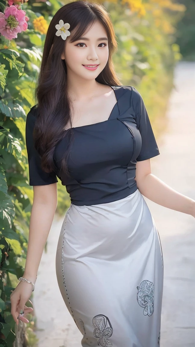 Myanmar girl with attractive curvy full body.  Friends full-length bikini, (🖤 black+💚 dress) full body reflective long dress painted with flower patterns, only dress.  hi gh hips  High resolution  High resolution  natural background  High resolution  HD  3D,  8K cartoon anime 
