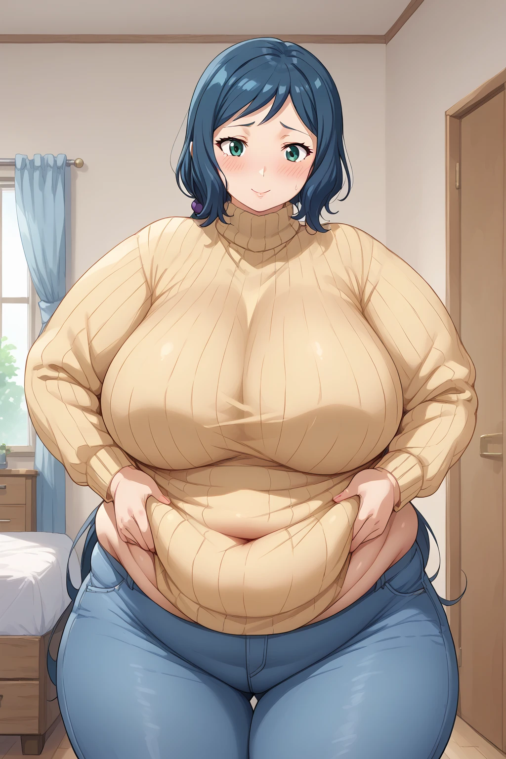  Iori Rinko, Rinko Iori, long hair,紺色の髪, low ponytail, Purple scrunchie,  green eyes,(( yellow sweater)), Navy blue jeans ,Obese middle-aged woman, troubled expression, embarrassing expression ,milf, chubby,(bedroom), score_9,  score_8_ up、 score_7_ up、 score_6_ up、 score_5_ up、 score_4_ up、 masterpieces at the front door of the house、 top quality , A beautiful woman with an obese figure,  absurd、 Source_ anime anime screencap,  one woman、Alone、 personal  、Super huge breasts,  super huge clevis、Super huge, Super huge boob,Curvy、 wide hips、