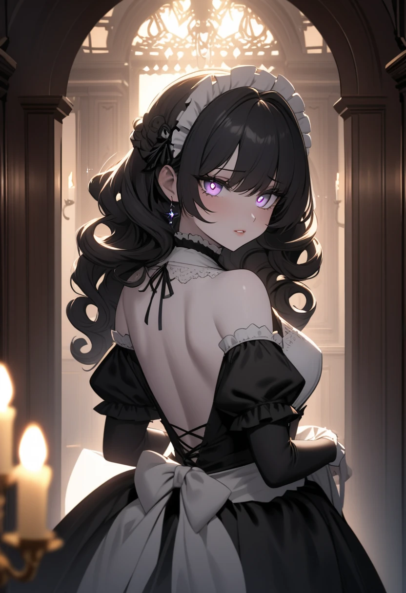 Masterpiece, Top Quality, Super Detail, Beautiful Lighting, 1 Girl, Goth, French Maid, Black Hair, Short Hair, Purple Eyes, Black Eyeliner, Black Lips, Piercing, Spiked Color, Watch Viewers