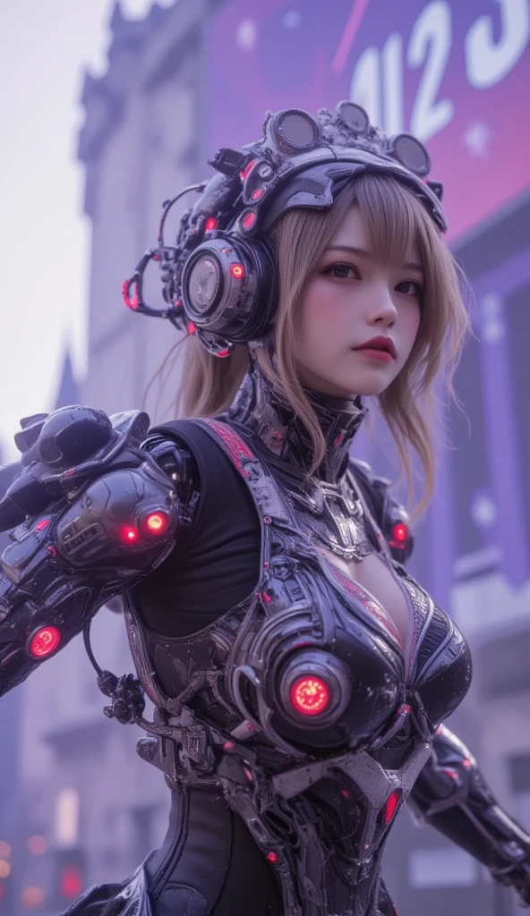 ultra-realistic, photorealistic, dramatic scene, shadow, global-illumination, solo, perfect anatomy, perfect fingers, (teenage Japanese famous idol girl but cyborg), very beautiful with very cute face, detailed face skin texture, (modern maid but futuristic cyborg), intricated complex cyber punk mechanical neon cyber cyborg body, wearing a beautiful lace, (her cyborg body is fully covered with extremely detailed futuristic mechanical armored suits), absolutely complex futuristic cyborg body, neon markers are integrated in her body, head gear, (very large breasts), slim waist, She is flying in the air in front of the old European castle, she is flying in the sky using mini rocket thruster on her back, (the projection mapping of the words "2025" are projected on the castle with blue laser), beautiful new year's sunrise from the snow mountain, purple with pink, dynamic angle, dynamic flying pose