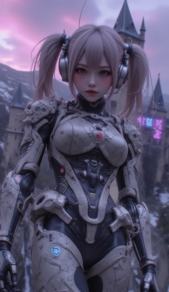 ultra-realistic, photorealistic, dramatic scene, shadow, global-illumination, solo, perfect anatomy, perfect fingers, (teenage Japanese famous idol girl but cyborg), very beautiful with very cute face, detailed face skin texture, (modern maid but futuristic cyborg), intricated complex cyber punk mechanical neon cyber cyborg body, wearing a beautiful lace, (her cyborg body is fully covered with extremely detailed futuristic mechanical armored suits), absolutely complex futuristic cyborg body, neon markers are integrated in her body, head gear, (very large breasts), slim waist, She is flying in the air in front of the old European castle, she is flying in the sky using mini rocket thruster on her back, (the projection mapping of the words "2025" are projected on the castle with blue laser), beautiful new year's sunrise from the snow mountain, purple with pink, dynamic angle, dynamic flying pose