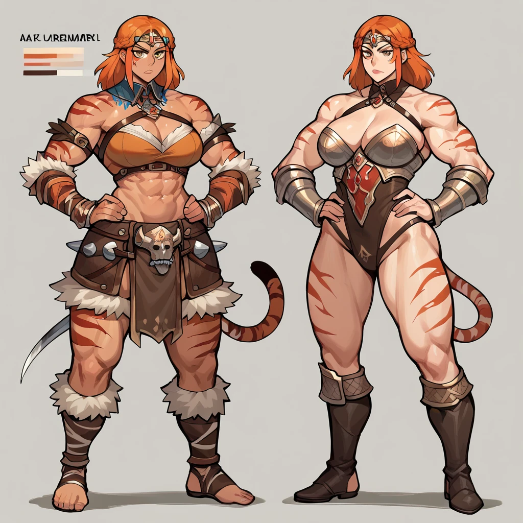  HIGH QUALITY,  masterpiece,  Anatomically correct, tiger girl (white) ,cool girl, orange hair ,  French braid, tonto,  hands on hips  ((female barbarian, barbarian_Women)),  Reference Table, 