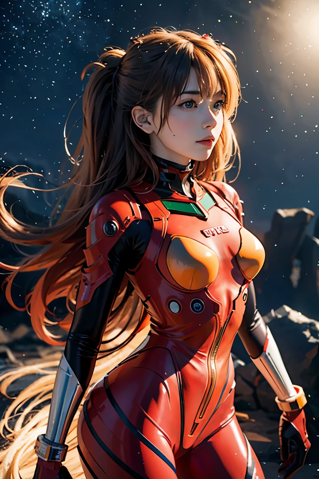 （俯瞰number），Dynamic Angle，Dynamic poses，Ultra Detailed，number，close up，Direct，1 girl huge ，Soul Asuka Langley，
 （（Soryu Asuka Langley，interface headset，Red tights：1.5，Blonde）），彼女の目はLike a dream星のように輝いていた，（Glowing Eyes：1.233），（Beautiful and delicate eyes：1.1），（Poker face，Please shut your mouth），（Standing），
（Mechanical room with tools and spacecraft windows in white spaceship），
（night：1.2），Like a dream， [[Slender fingers and hands：0.55]：：0.85]，（Finger details），