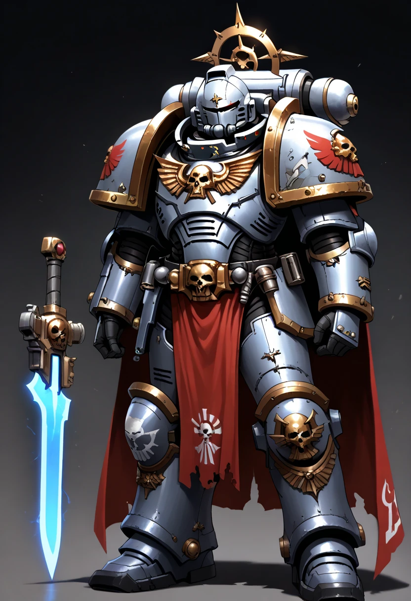 Anime, Concept art, Absurd resolution, high resolution, (masterpiece: 1.4), hyper-detail, warhammer 40k terminator armor, Juggernaut armor, heavy armor, knight, full body, glowing weapon, cloak, silver armor, edgy, grimdark, octosoup, 1man, bulky, buff, red plume, loin cloth, primaris helmet, reference sheet, iron halo, UltraM40k, full shot, front view,