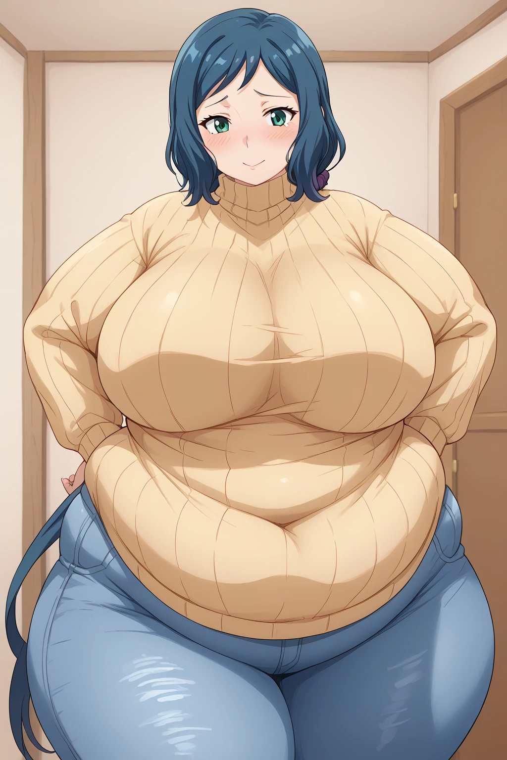  Iori Rinko, Rinko Iori, long hair,紺色の髪, low ponytail, Purple scrunchie,  green eyes,(( yellow sweater)), Navy blue jeans ,Obese middle-aged woman, troubled expression, embarrassing expression ,milf, chubby,(bedroom), score_9,  score_8_ up、 score_7_ up、 score_6_ up、 score_5_ up、 score_4_ up、 masterpieces at the front door of the house、 top quality , A beautiful woman with an obese figure,  absurd、 Source_ anime anime screencap,  one woman、Alone、 personal  、Super huge breasts,  super huge clevis、Super huge, Super huge boob,Curvy、 wide hips、