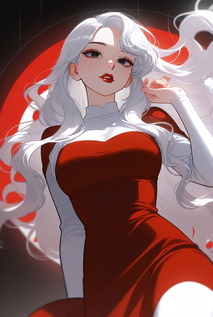 oc, Homicipher, female, semi realism, white sking, red lips, white long wavy hair, dark eyes, red dress