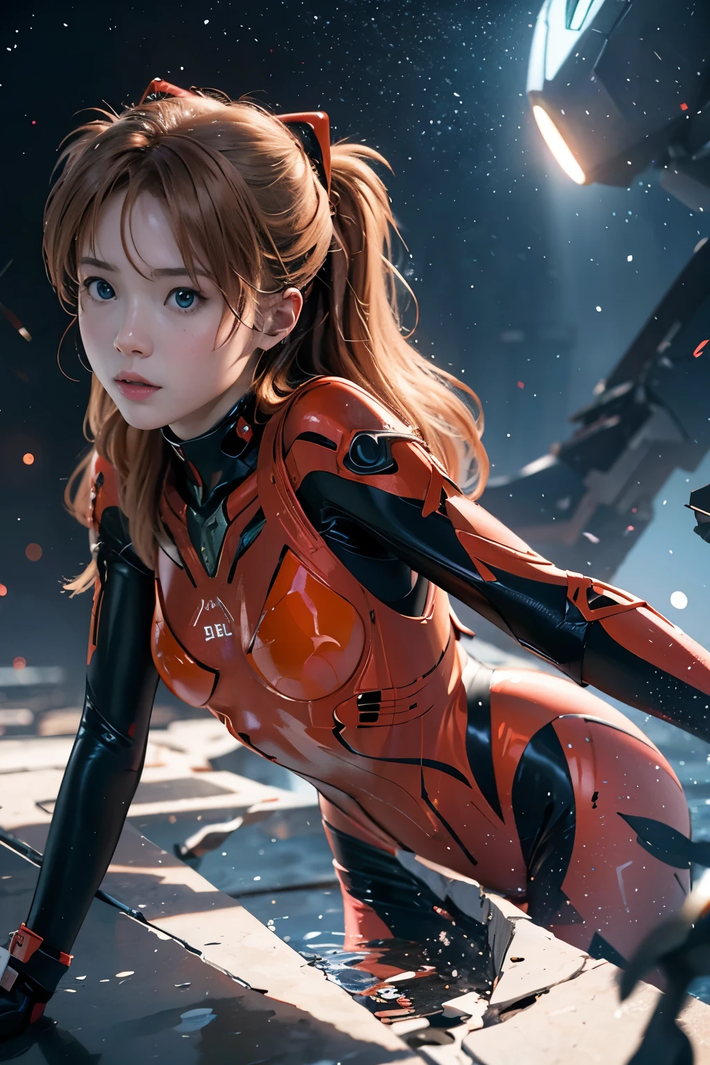 1 girl, Asuka Langley Shikinami, Caminando por un desierto de tierra roja, accompanied by a drone, piedras rojas, ((ojos azules)), ((pecas en el rostro)), en plugsuit transparente, ((culo perfecto)), ((small ass)), (((DeepVnecklineslipdress))), vista desde arriba, Trazado de rayos, NVIDIA RTX, Super resolution, Irreal 5, Sub-Surface Scatterring, Texturas PBR, postprocesamiento, Anisotropic filtering, profundidad de campo, maximum sharpness and sharpness, Texturas multicapa, Mapeo de albedo y especular, sombreado de superficie, Accurate simulation of light-material interactions, proporciones perfectas, octane representation, duotone lighting, ISO bajo, balance de blancos, regla de tercios, apertura amplia, 8K RAW, high-efficiency subpixels, sub-pixel convolution, glow particles