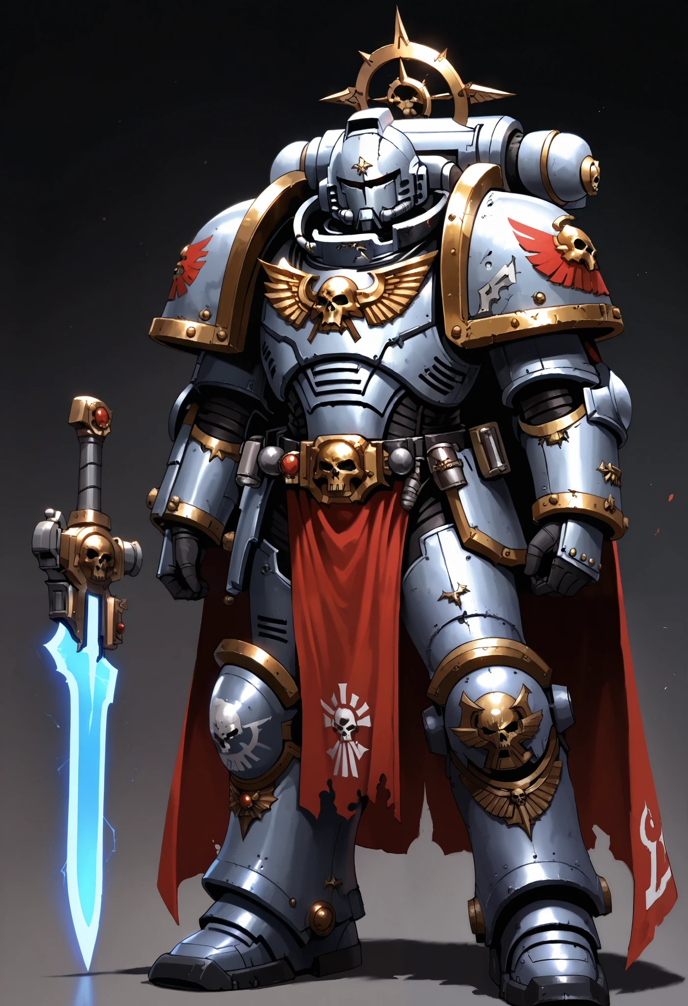 Anime, Concept art, Absurd resolution, high resolution, (masterpiece: 1.4), hyper-detail, warhammer 40k terminator armor, Juggernaut armor, heavy armor, knight, full body, glowing weapon, cloak, silver armor, edgy, grimdark, octosoup, 1man, bulky, buff, red plume, loin cloth, primaris helmet, reference sheet, iron halo, UltraM40k, full shot, front view,