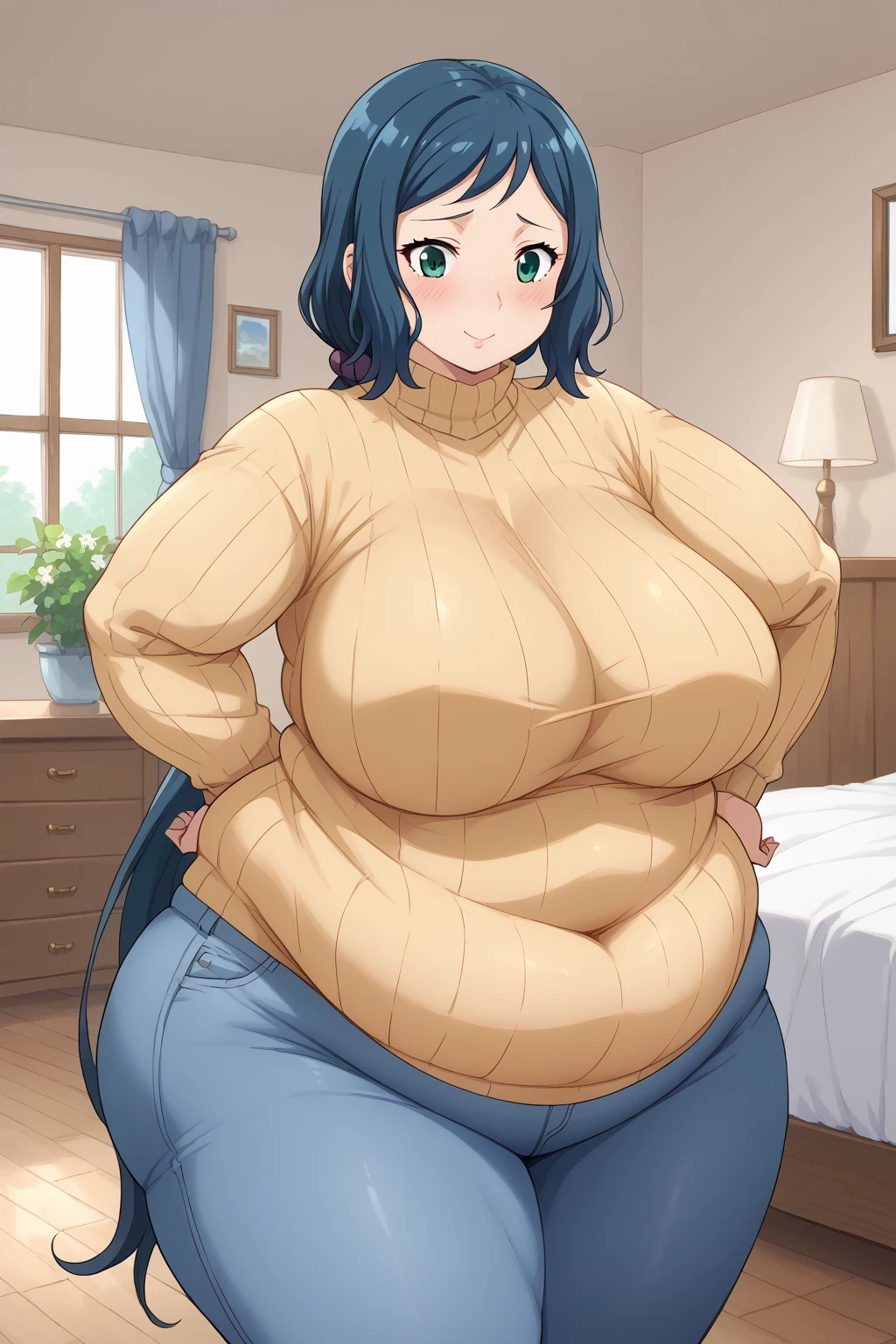  Iori Rinko, Rinko Iori, long hair,紺色の髪, low ponytail, Purple scrunchie,  green eyes, yellow sweater, Navy blue jeans ,Obese middle-aged woman, troubled expression, embarrassing expression ,milf, chubby,(bedroom), score_9,  score_8_ up、 score_7_ up、 score_6_ up、 score_5_ up、 score_4_ up、 masterpieces at the front door of the house、 top quality , A beautiful woman with an obese figure,  absurd、 Source_ anime anime screencap,  one woman、Alone、 personal  、Super huge breasts,  super huge clevis、Super huge, Super huge boob,Curvy、 wide hips、