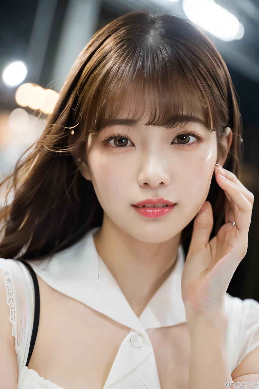 nfsw、table top、best quality、8ก、、teenager、raotos、nonsense、award winning pictures、smile、alone、(nighttime:1.5)、Nipple、Idol face、delicate young woman、upper body、SLR digital camera、look at viewer、Straightforward、seasoned、Thin sleeve、professional lighting、Film texture、Chromatic aberration、(Detailed eyes and face:1.0)、(Bokeh:1.1)、 (shirt:1.1)、gag 、brown hair、dribbling、large breasts、Breast cleavage、Thin lips、white skin