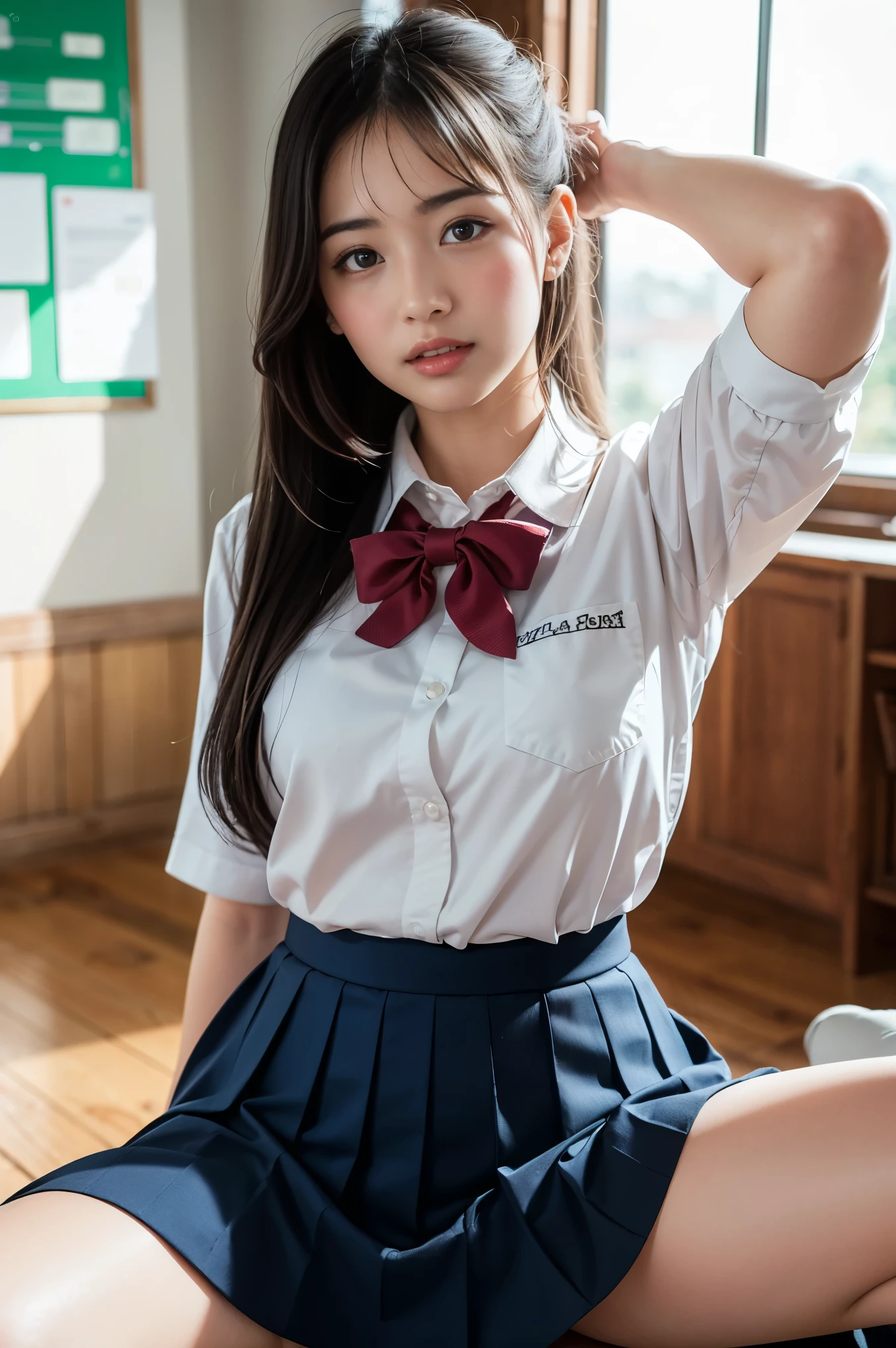 Asian girl sitting in classroom，Short skirt and bow tie, cute female student, Japanese school uniform for girls, Wearing a Japanese school uniform, Japan School Uniform, surreal school girl, dressed as schoolgirl, surreal school girl, in school uniform, Realistic schoolgirl, girl in uniform, Girl in school uniform, of a schoolgirl posing, bangs,largeeyes，Round face，Lips slightly open。 surrealism, hyper HD, Masterpiece, ccurate, retinas, Textured skin, Super detail, High details, High quality, Award-Awarded, Best quality, A high resolution