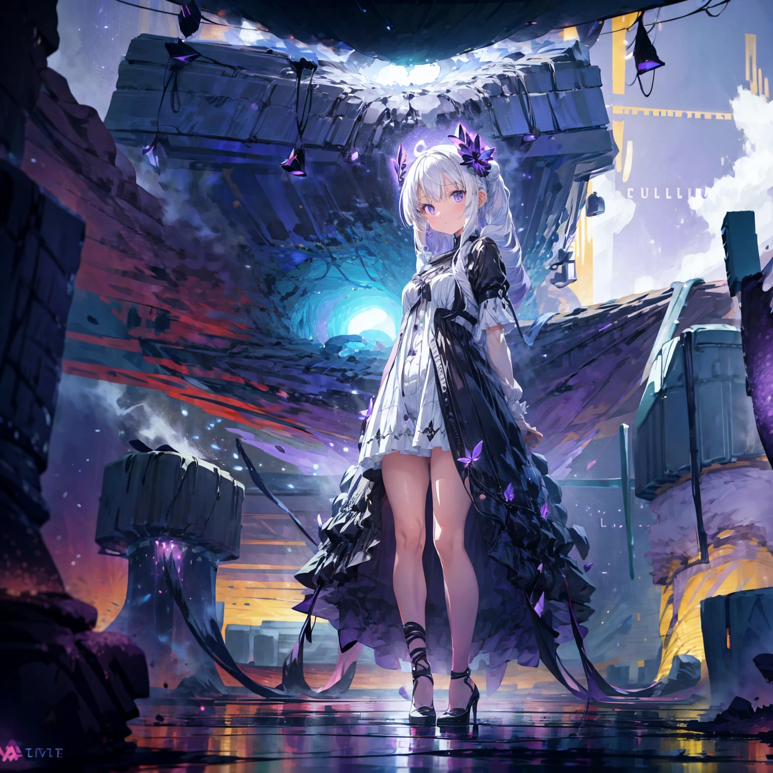 A white haired girl in a purple butterfly patterned dress stands looking towards a black hole in the middle of the Milky Way, black hole halo, majestic, black hole rim, surrounding galaxy color, deep purple black hole, many purple lightning streaks around clearly.