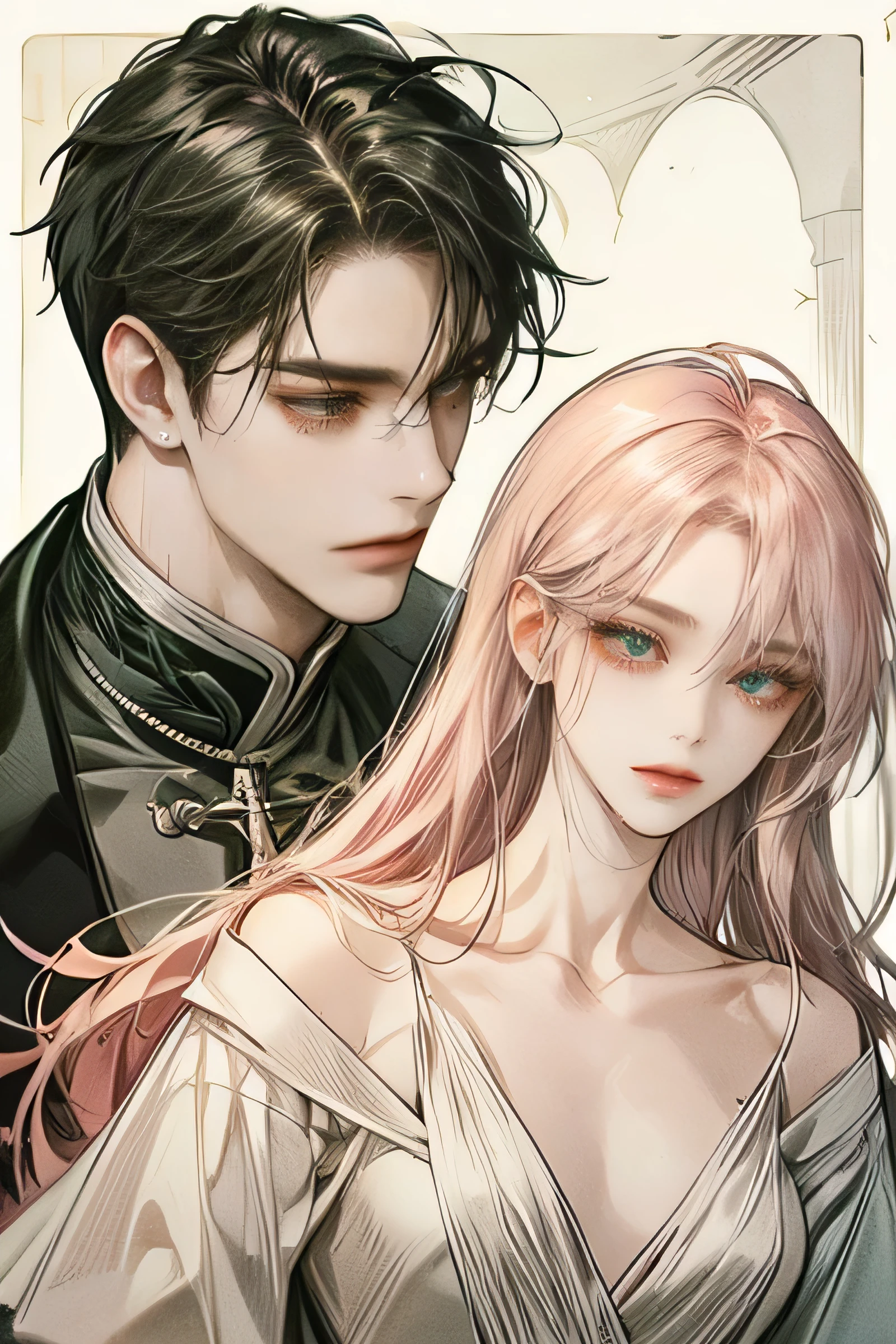 2 men and women,The girl has pink hair, The man has black hair, Women have long hair , Men have short hair , 남자는 Red eyed 입니다, 여자는 GREEN EYES 입니다, One is a man dressed in black:Red eyed , One is a long-haired woman: GREEN EYES , Exactly similar, casual style, Clergy clothing, Auburn hair, sharp impression , less physical exposure , masterpiece, High quality