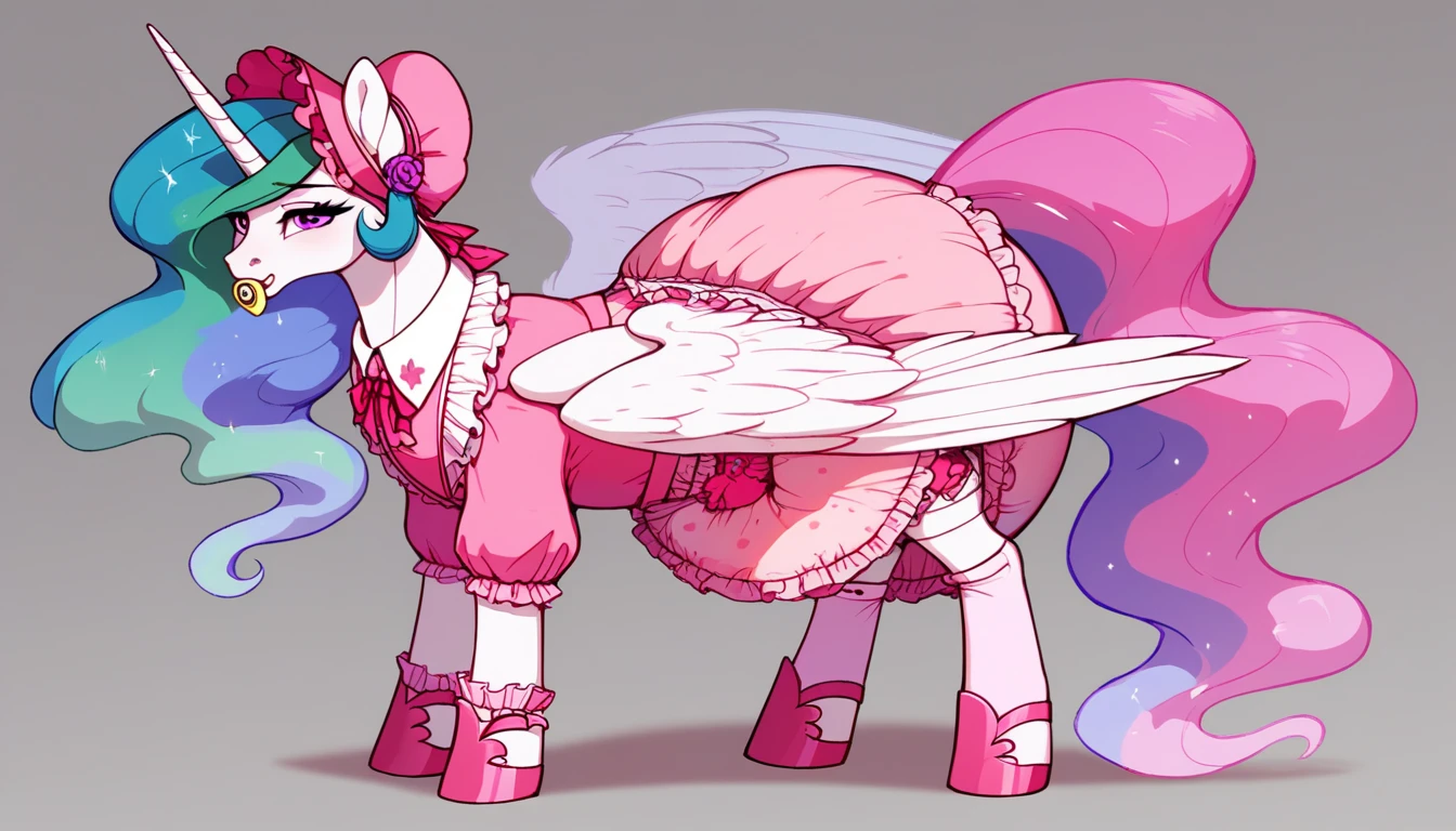 alicorn pony alone , Princess Celestia, adult mare, the mane is assembled in a pink bonnet ,  sits in an adult **** stroller ,  dressed in an adult pink bodysuit and pink booties,  pink pacifier in the mouth with straps around the head , solo, thick diaper under clothes,  simple background. 