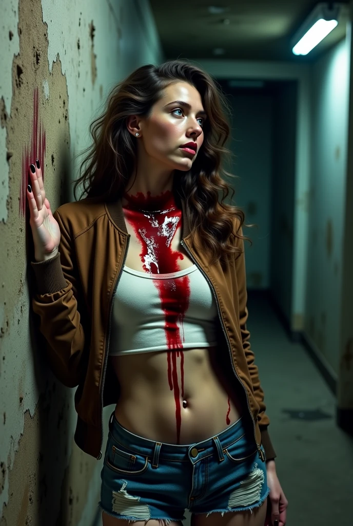 Realism Create a poster about half human half zombie lady scientist Dr Ellie Superhero stand in destroyed lab