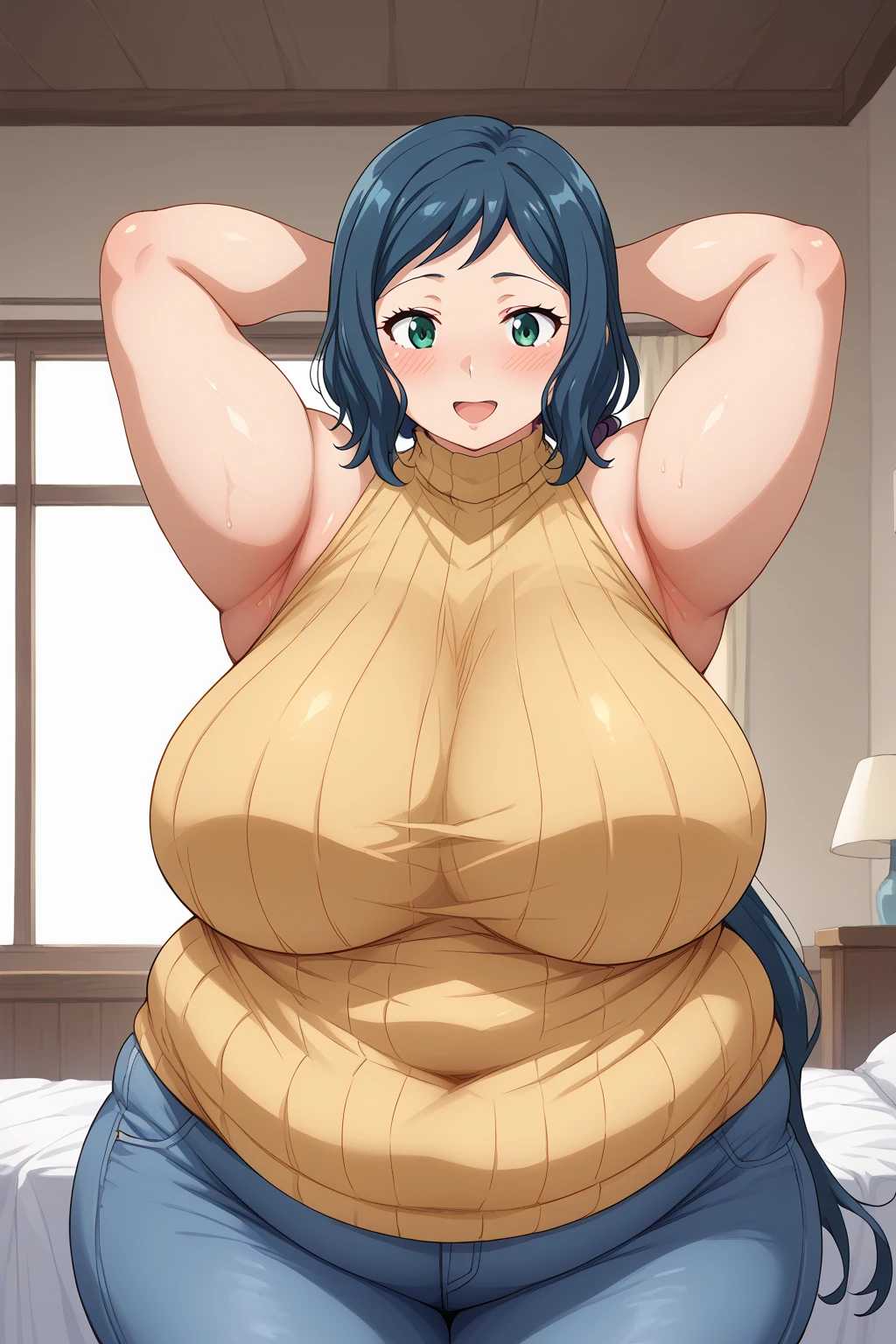  Iori Rinko, Rinko Iori, long hair,紺色の髪, low ponytail, Purple scrunchie,  green eyes, yellow sweater, Navy blue jeans ,Obese middle-aged woman, troubled expression, embarrassing expression ,milf,A woman with body odor ,A woman with smelly armpits ,Body odor,Postures that show off armpits, chubby,(bedroom), score_9,  score_8_ up、 score_7_ up、 score_6_ up、 score_5_ up、 score_4_ up、 masterpieces at the front door of the house、 top quality , A beautiful woman with an obese figure,  absurd、 Source_ anime anime screencap,  one woman、Alone、 personal  、Super huge breasts,  super huge clevis、Super huge, Super huge boob,Curvy、 wide hips、