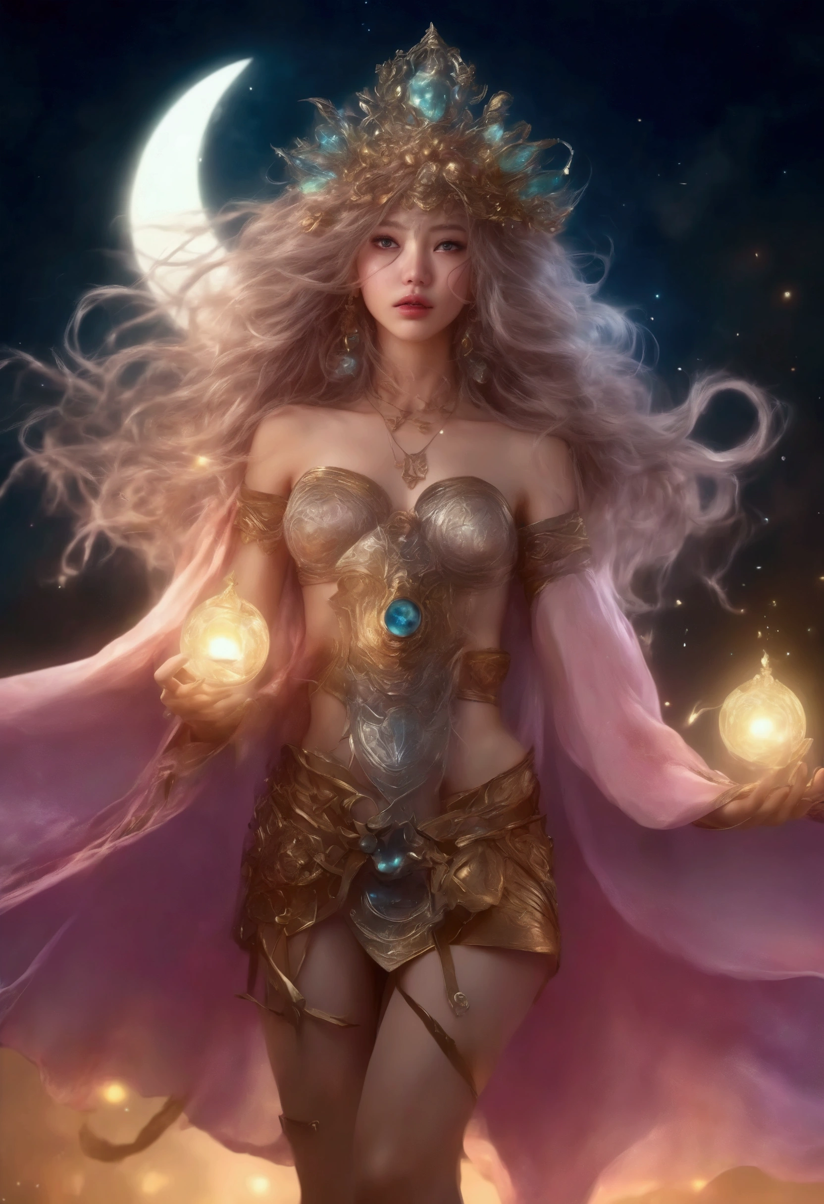 A young female sorcerer with long flowing hair, radiant sparkles, an ornate and intricate sheer sexy robe no underwear, huge expressive eyes, and a magical girl moon staff, racing urgently to join a weathered band of veteran adventurers, (best quality,4k,8k,highres,masterpiece:1.2),ultra-detailed,(realistic,photorealistic,photo-realistic:1.37),fantasy,illustration,cinematic lighting,dramatic pose,whimsical,vibrant colors,dynamic composition,detailed facial features,beautiful detailed eyes,beautiful detailed lips,extremely detailed eyes and face,long eyelashes,magical girl,adventure,epic,atmospheric