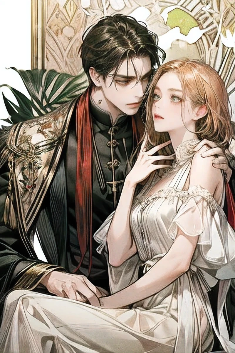   2 men and women,The woman has blond hair,  The man has black hair, Women have long hair , Men have short hair , 남자는 Red eyed 입니다, 여자는  GREEN EYES  입니다, One is a man dressed in black:Red eyed , One is a long-haired woman: GREEN EYES , Exactly similar, casual style, Clergy clothing, Auburn hair,  sharp impression ,  less physical exposure , masterpiece, High quality