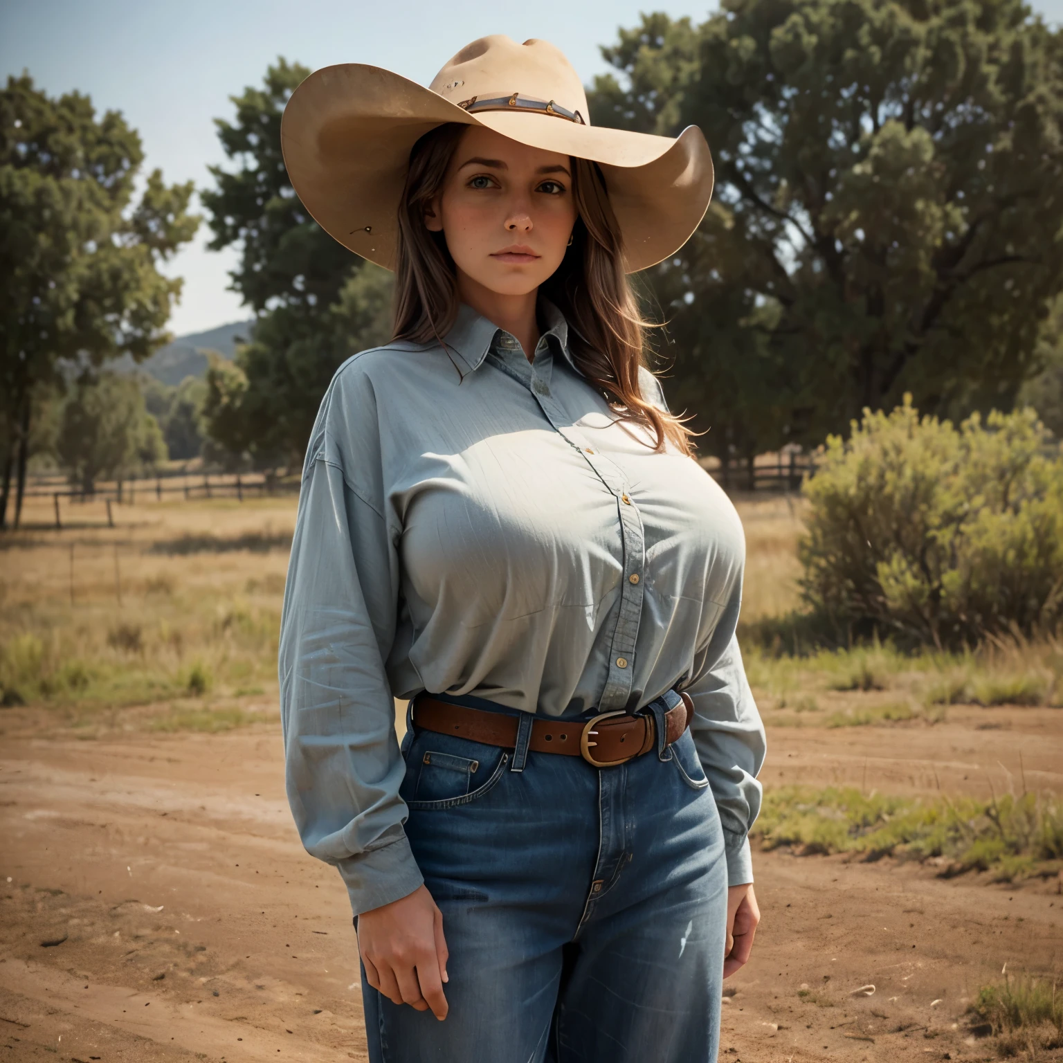 (late afternoon), (looking away from viewer:0.9), (angled away from viewer:0.9), eye-level medium cowboy shot, (soft lighting), (tall and young woman), extremely tall lanky Jewish-American woman, symmetric green eyes, (outdoors), (vast western cattle pasture), dusty, [nsfw:2], (big heavy sagging symmetric breasts), (oversized relaxed baggy slack loose worn-out tan long-sleeved cattleman shirt), (huge massive colossal heavy natural breasts:1.35), (gigantic sagging breasts:1.35), (cattleman hat with curled brim:0.9), (worn-out matte leather work gloves:0.9), (leather belt with bronze belt buckle:0.9), bluejeans, (extremely long dark curly ponytail), curly hair tied back, fun, joy, happy, (extremely long tall narrow torso), [fingertips:2]