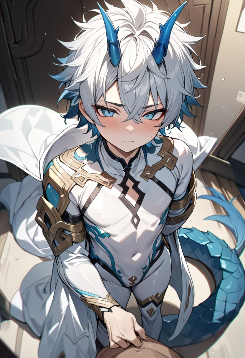 ((Solitary)), (man), Light blue eyes, white hair hair, short hair, Blue inner hair, Messy hair, blue dragon horn, Pupil slits, Thick white dragon tail, dragon boy, Wearing a white cape behind,penis,((Best quality)), ((masterpiece)), (detailed), ((perfect face)),high quality,(best quality,4K,a high resolution,masterpiece:1.2),super detailed,(1 boy),(solo),juvenile,(Male juvenile),handsome and cute boy,black hair, spiked hair，light blue bodysuit ,full body,