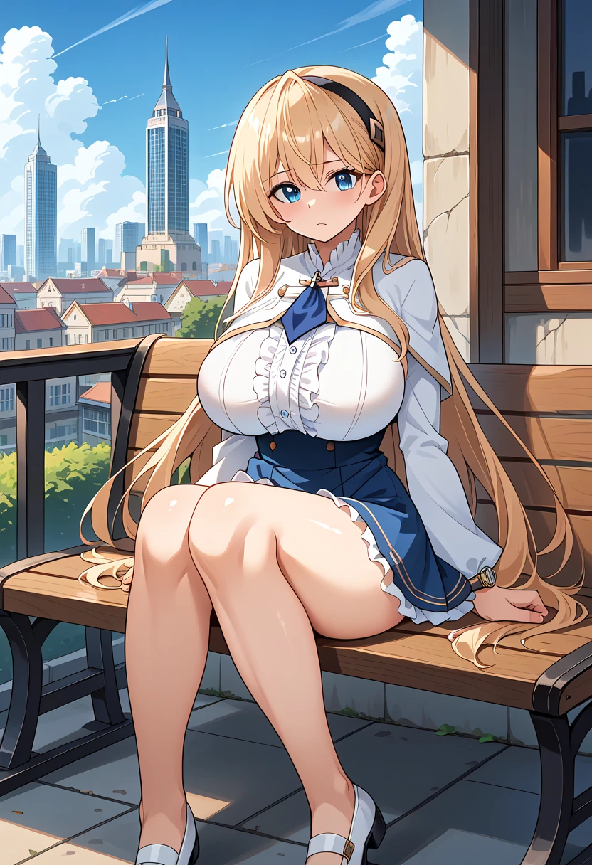  1 girl， huge breasts， boobs，Bare legs，knees， thighs，Muscle Exposure， sitting on a chair， girl sitting，Sitting on bench， sitting facing the front， Full Body Facing Front ，score_9, score_8_ up, score_7_ up,  Source_Anime, masterpiece,  1 girl, ,  blue tie ,  White capelet  ,  Long Sleeve ,  underbust,  blue skirt, emblem,  black knee-high, frills,  frill skirt ,  Watch Viewers , Outdoor, city,  depth of writing, day, sunny,  