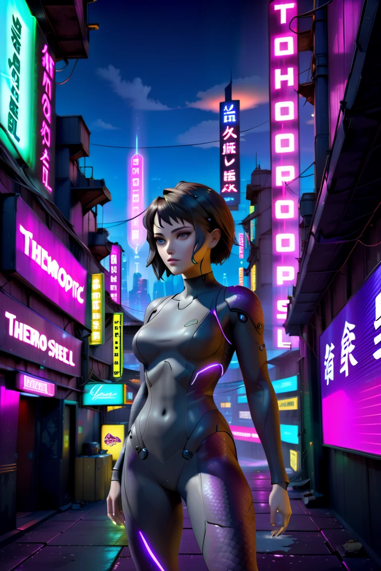 (masterpiece), best quality, expressive eyes, perfect face, Holographic female antihero, black tightsuit, blend with shadow, (((ghost in the shell Thermoptic camouflage))), (((fading out))), ((vanishing)), realistic 3d animation, ghost in the shell style, cyberpunk setting world, ((dark rooftop lots of neons signs and holographic ads in the distance.)) 