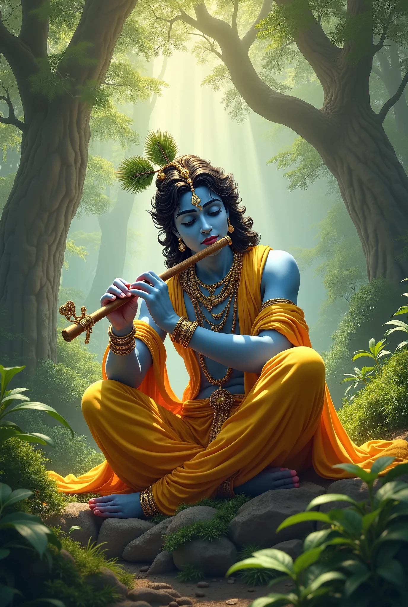 A serene statue of the Hindu deity Krishna, depicted with blue skin, wearing an ornate orange robe adorned with gold detailing and floral garlands. He holds a flute in his hands, standing beside a gentle deer. The background features lush greenery and ripe oranges, creating a peaceful and natural setting.in the ratio of 9:16