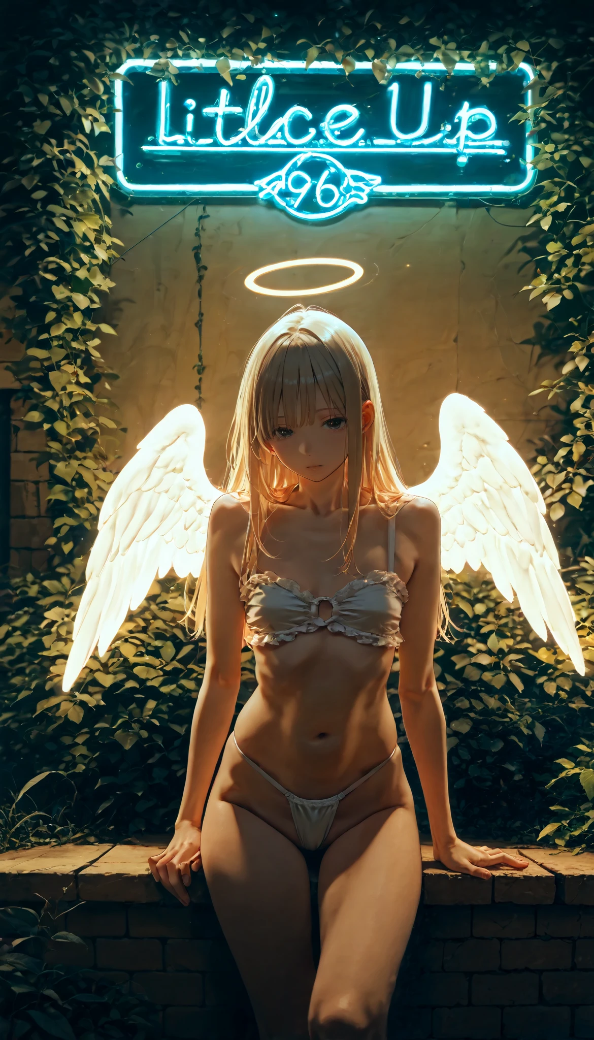 masterpiece , best quality, very aesthetic , a girl,alone, Mini thong ,Valcón ,angel,Brilliant little angel, wings of neon light