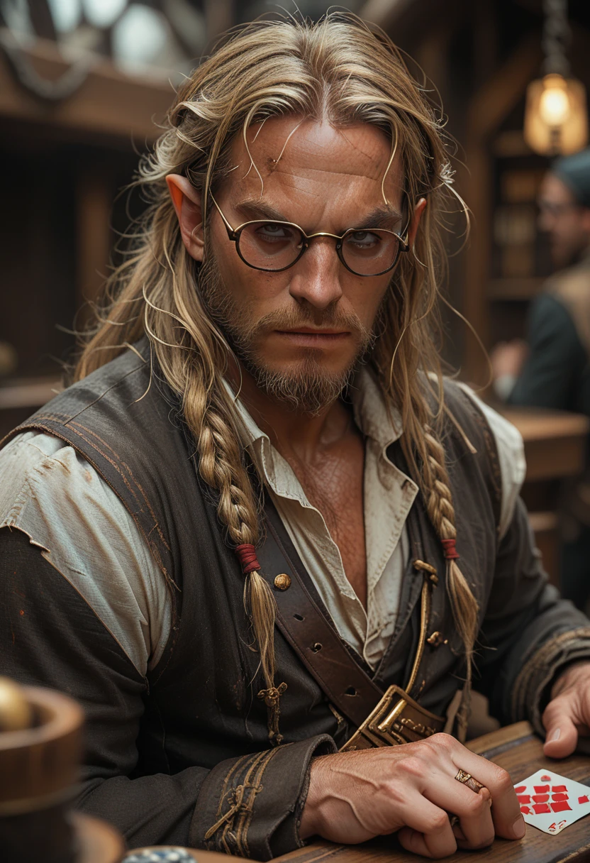 rpg card,  wooden frame ,  a strong pirate,  blond man, glasses, muscular, ,barba